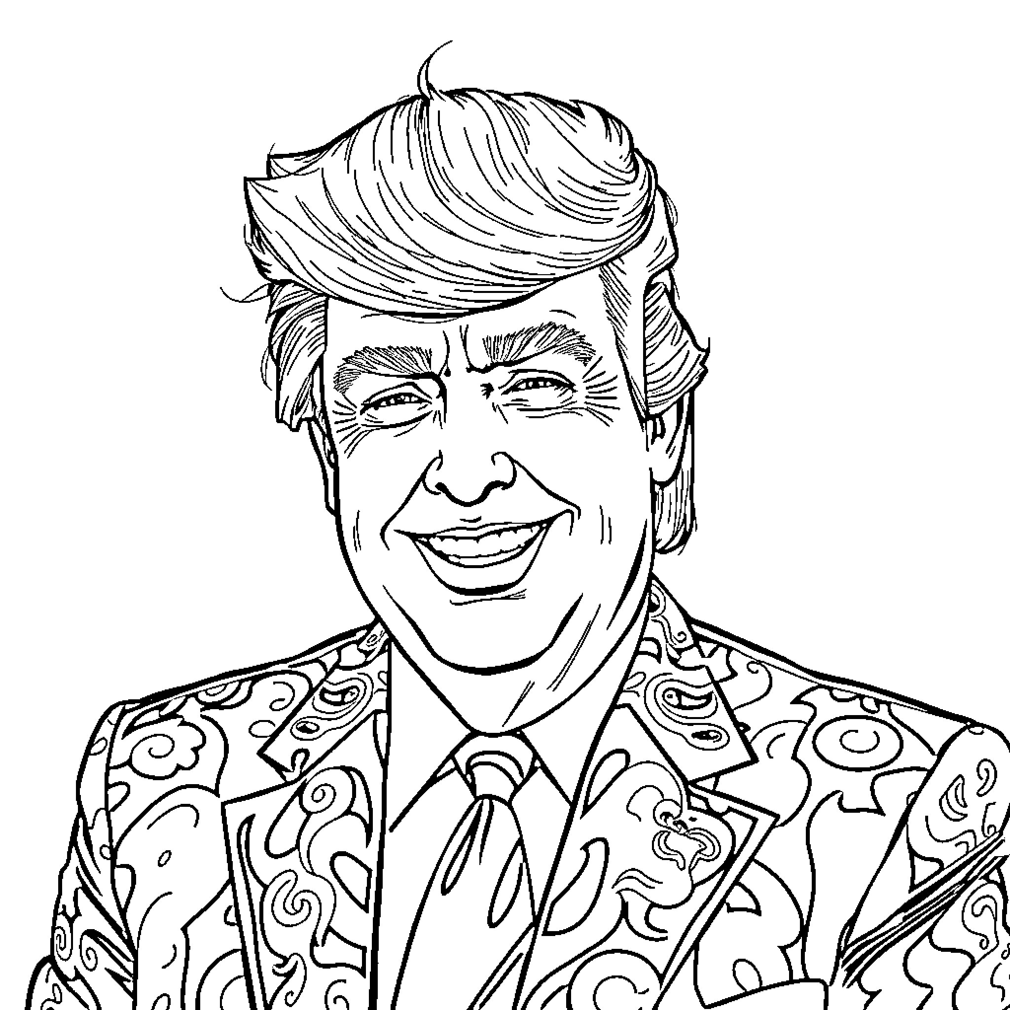 Donald Trump in a lively and expressive pose Coloring Page (free black-and-white line drawing printable PDF for all, from beginners to advanced learners, including children, teens, adults, and seniors)