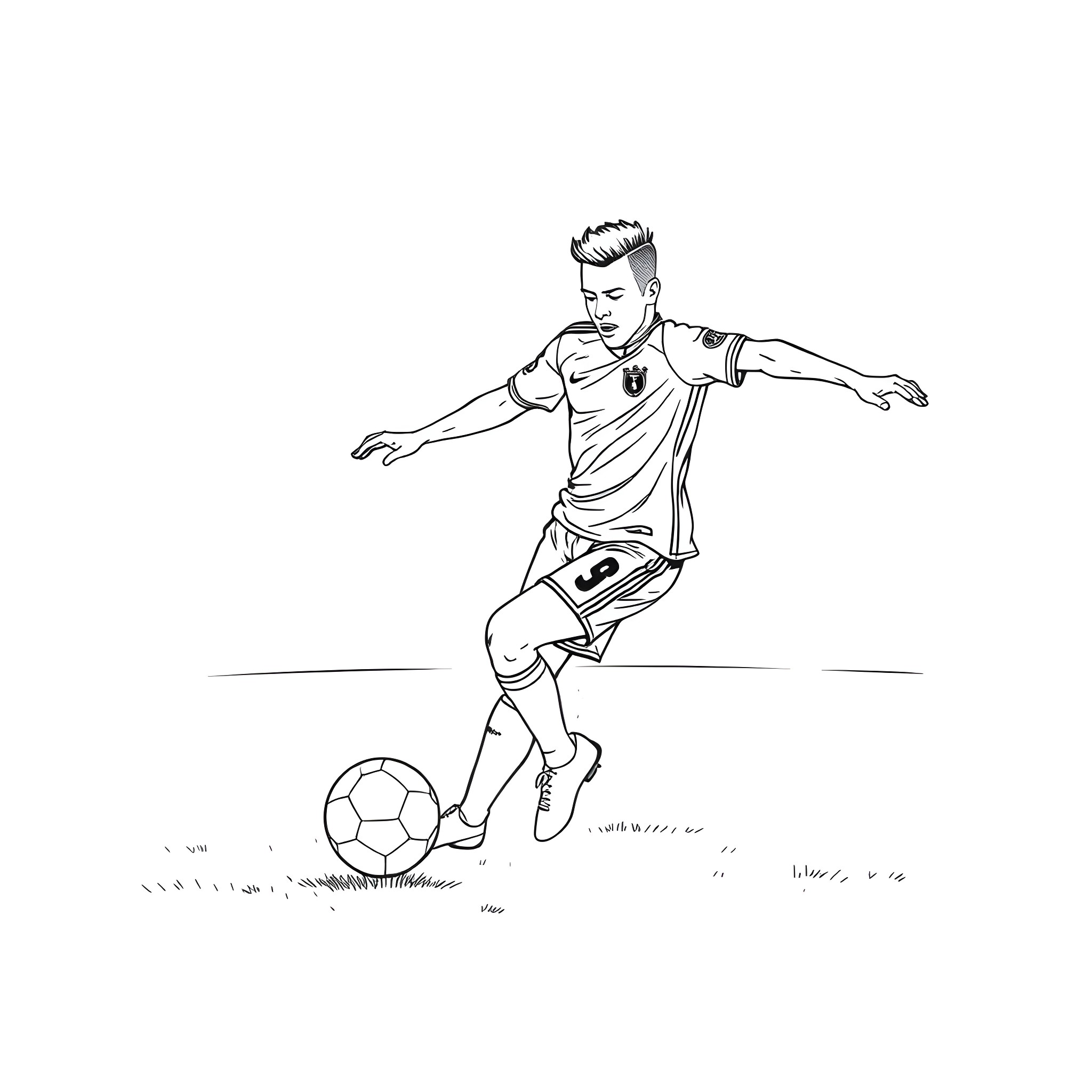 Neymar playing soccer with energy and focus Coloring Page (free black-and-white line drawing printable PDF for all, from beginners to advanced learners, including children, teens, adults, and seniors)