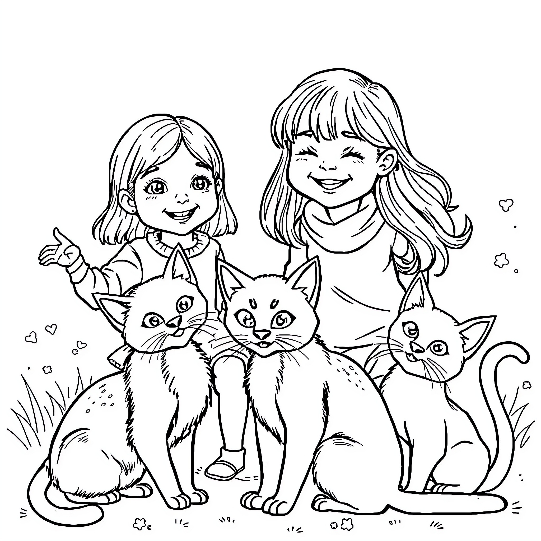 Nina Enjoying Time with Playful Kittens Coloring Page (free black-and-white line drawing printable PDF for all, from beginners to advanced learners, including children, teens, adults, and seniors)