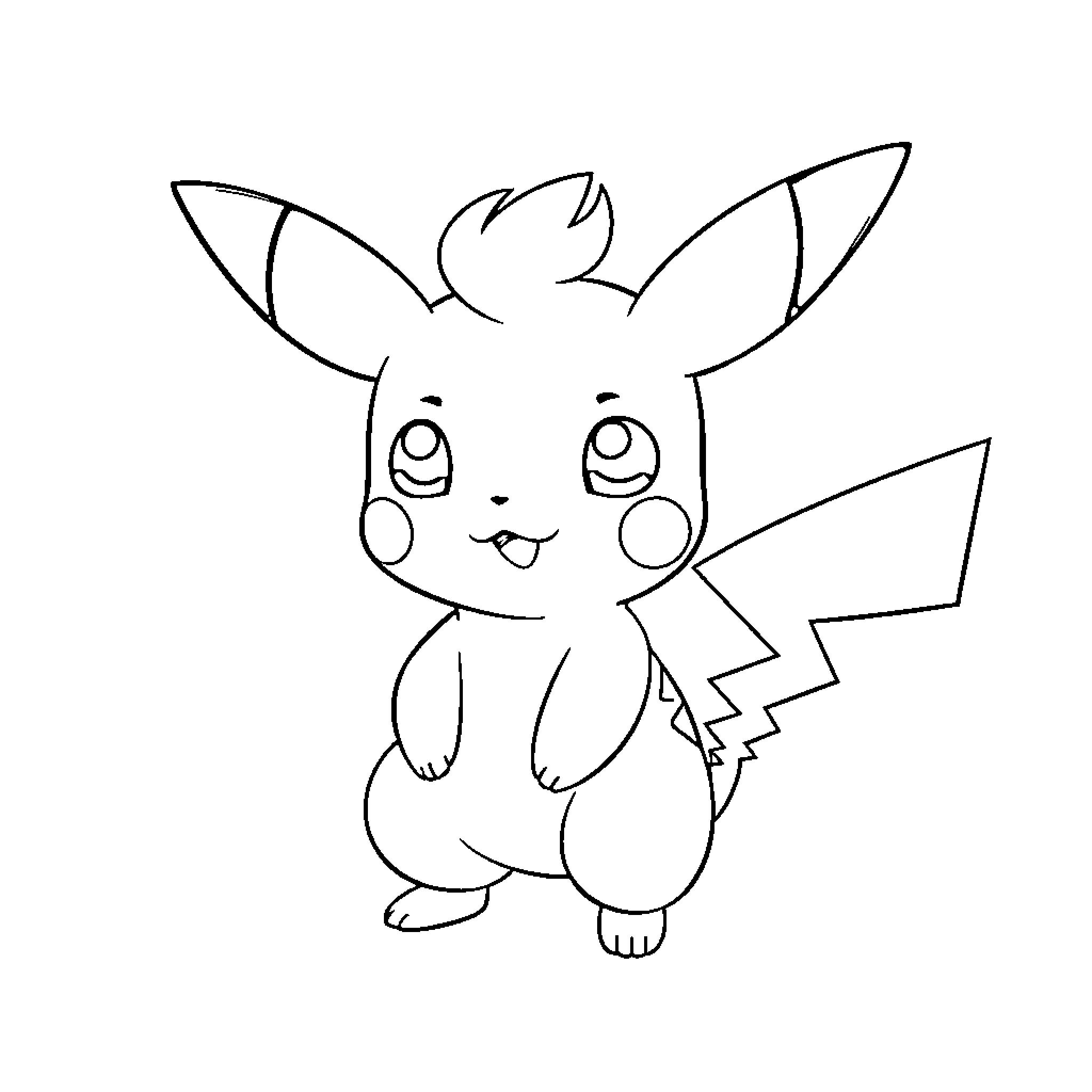 Pikachu posing happily in a simple outline Coloring Page (free black-and-white line drawing printable PDF for all, from beginners to advanced learners, including children, teens, adults, and seniors)