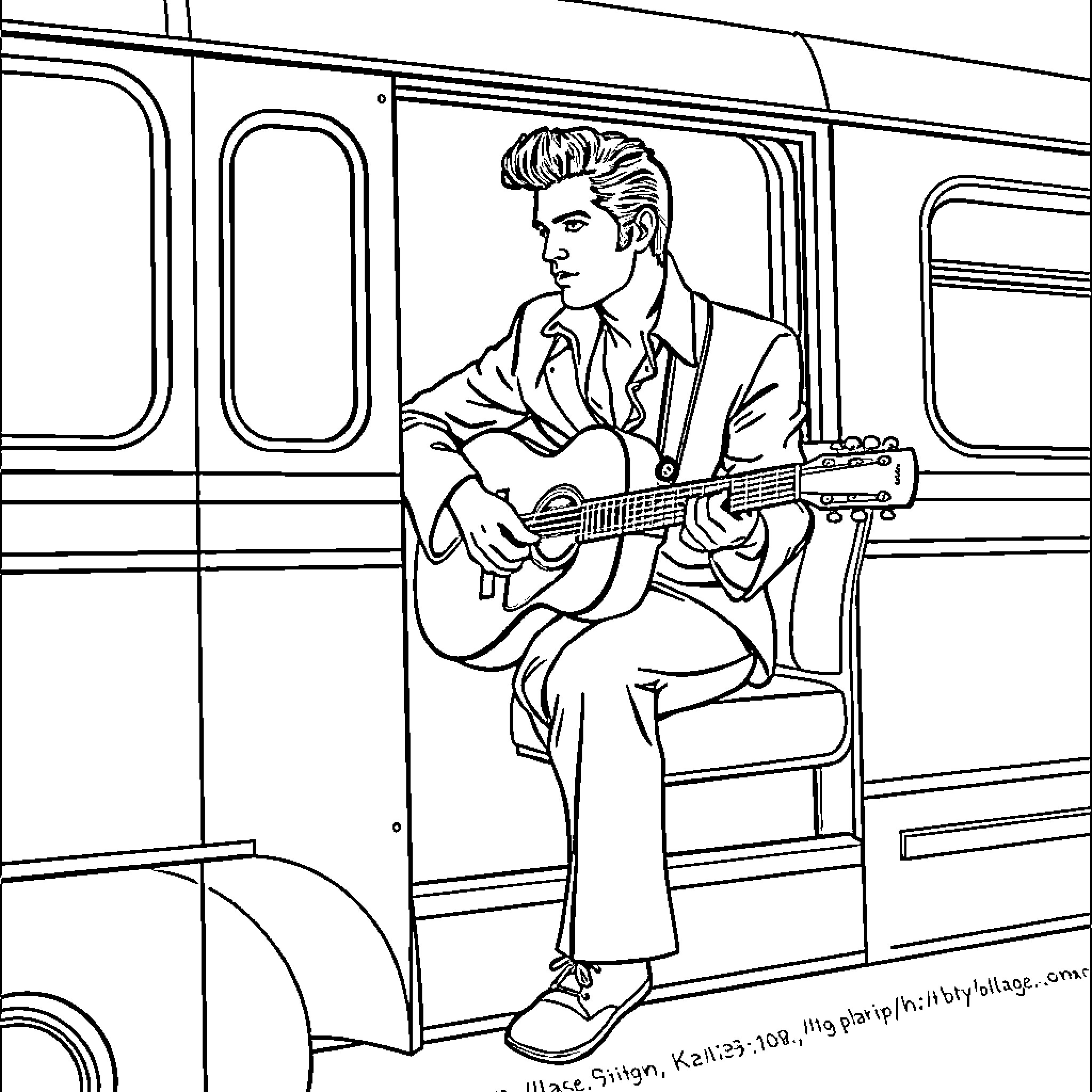 Elvis Presley playing guitar in a transit vehicle Coloring Page (free black-and-white line drawing printable PDF for all, from beginners to advanced learners, including children, teens, adults, and seniors)