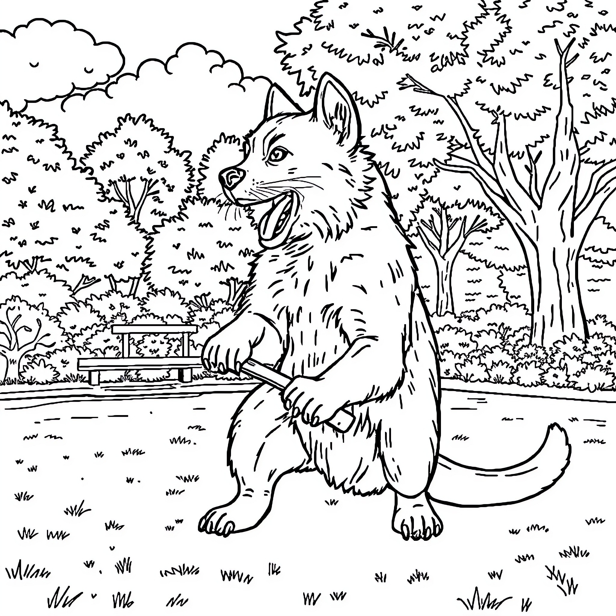 Dog exploring the forest landscape Coloring Page (free black-and-white line drawing printable PDF for all, from beginners to advanced learners, including children, teens, adults, and seniors)