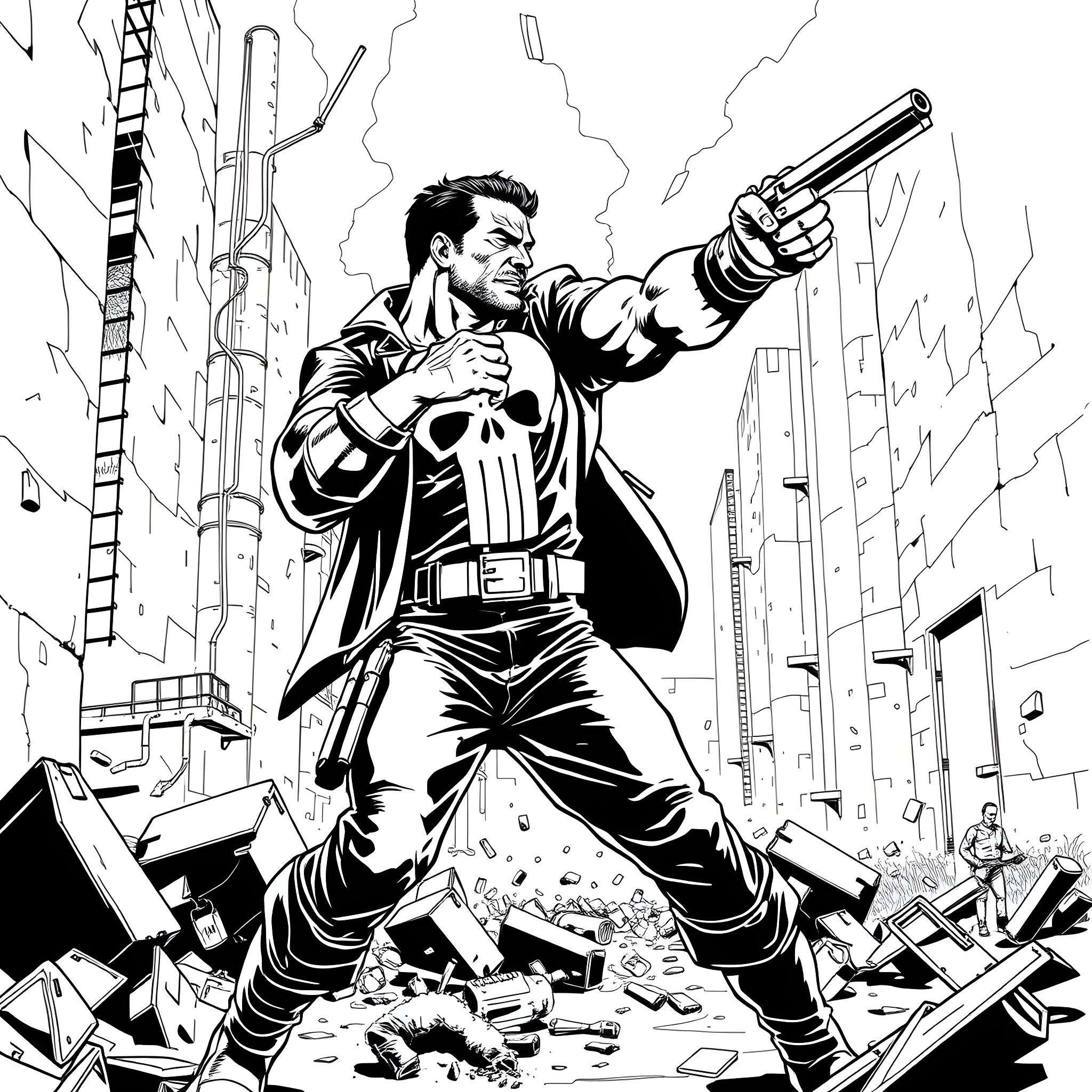 Punisher Unleashes Justice in a Decimated City Coloring Page (free black-and-white line drawing printable PDF for all, from beginners to advanced learners, including children, teens, adults, and seniors)