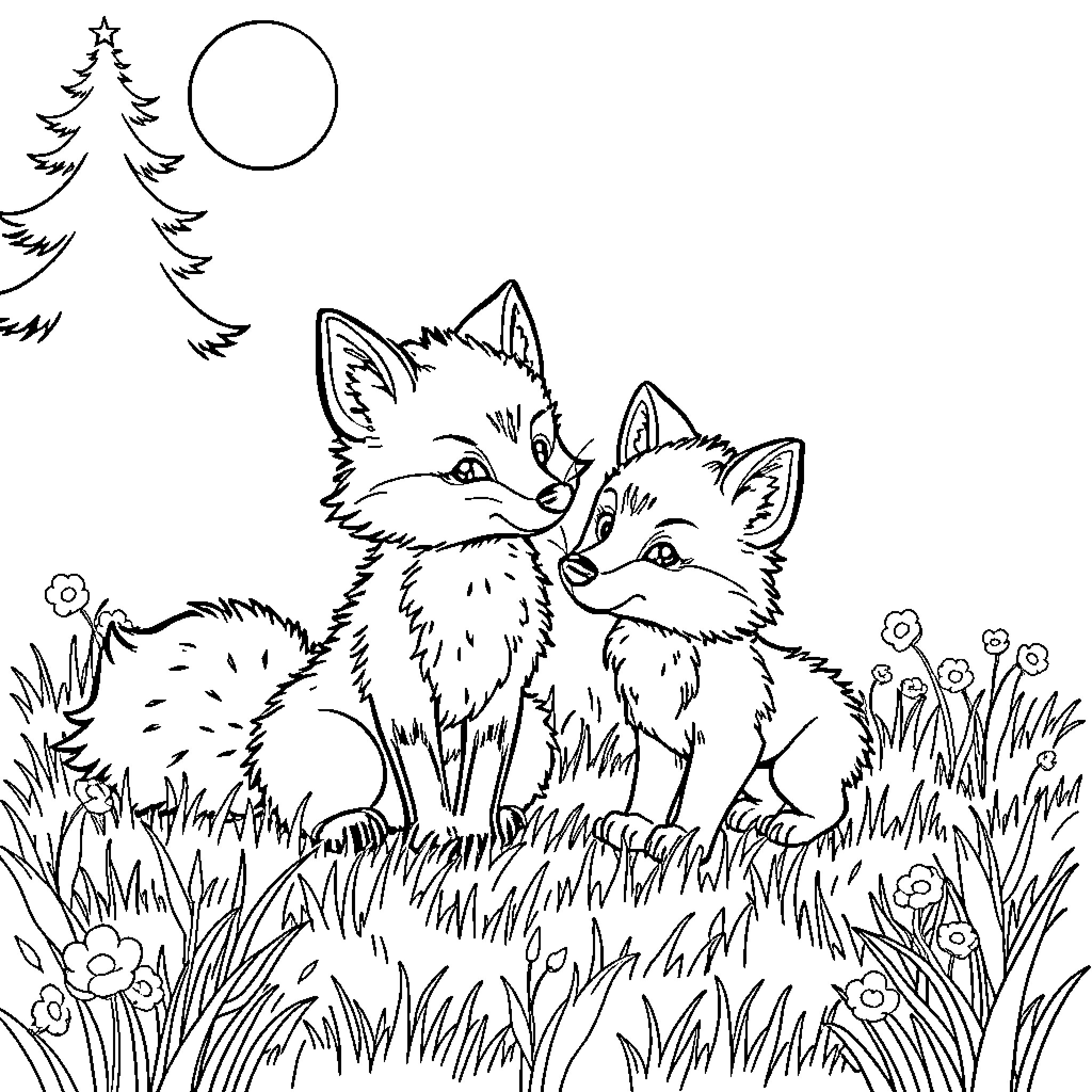 Fox cubs playing in the forest Coloring Page (free black-and-white line drawing printable PDF for all, from beginners to advanced learners, including children, teens, adults, and seniors)