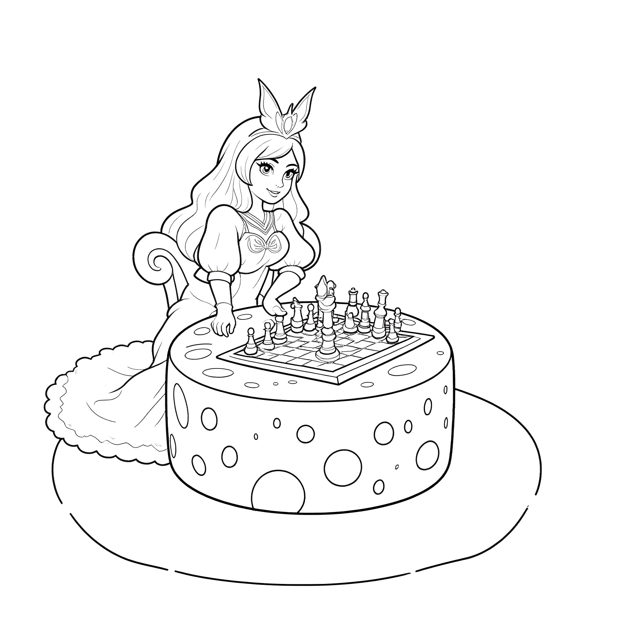 Princess playing chess on a magical cake Coloring Page (free black-and-white line drawing printable PDF for all, from beginners to advanced learners, including children, teens, adults, and seniors)