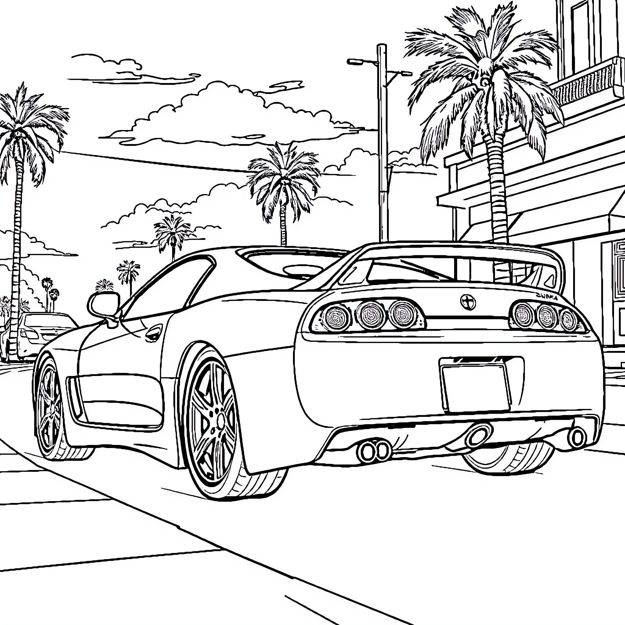 Supra sports car on a tropical palm-lined street Coloring Page (free black-and-white line drawing printable PDF for all, from beginners to advanced learners, including children, teens, adults, and seniors)