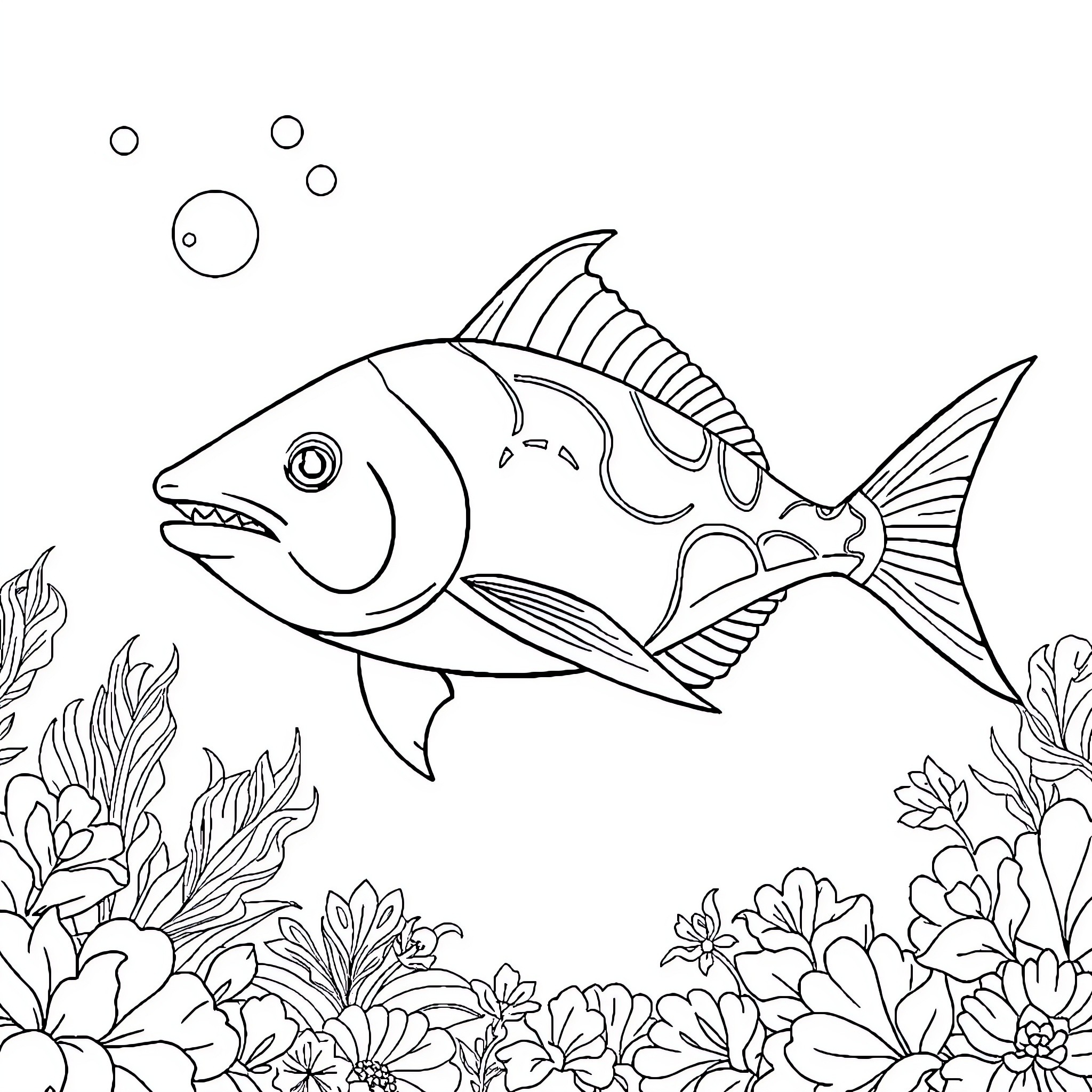 Bintang Laut swimming among vibrant underwater plants Coloring Page (free black-and-white line drawing printable PDF for all, from beginners to advanced learners, including children, teens, adults, and seniors)