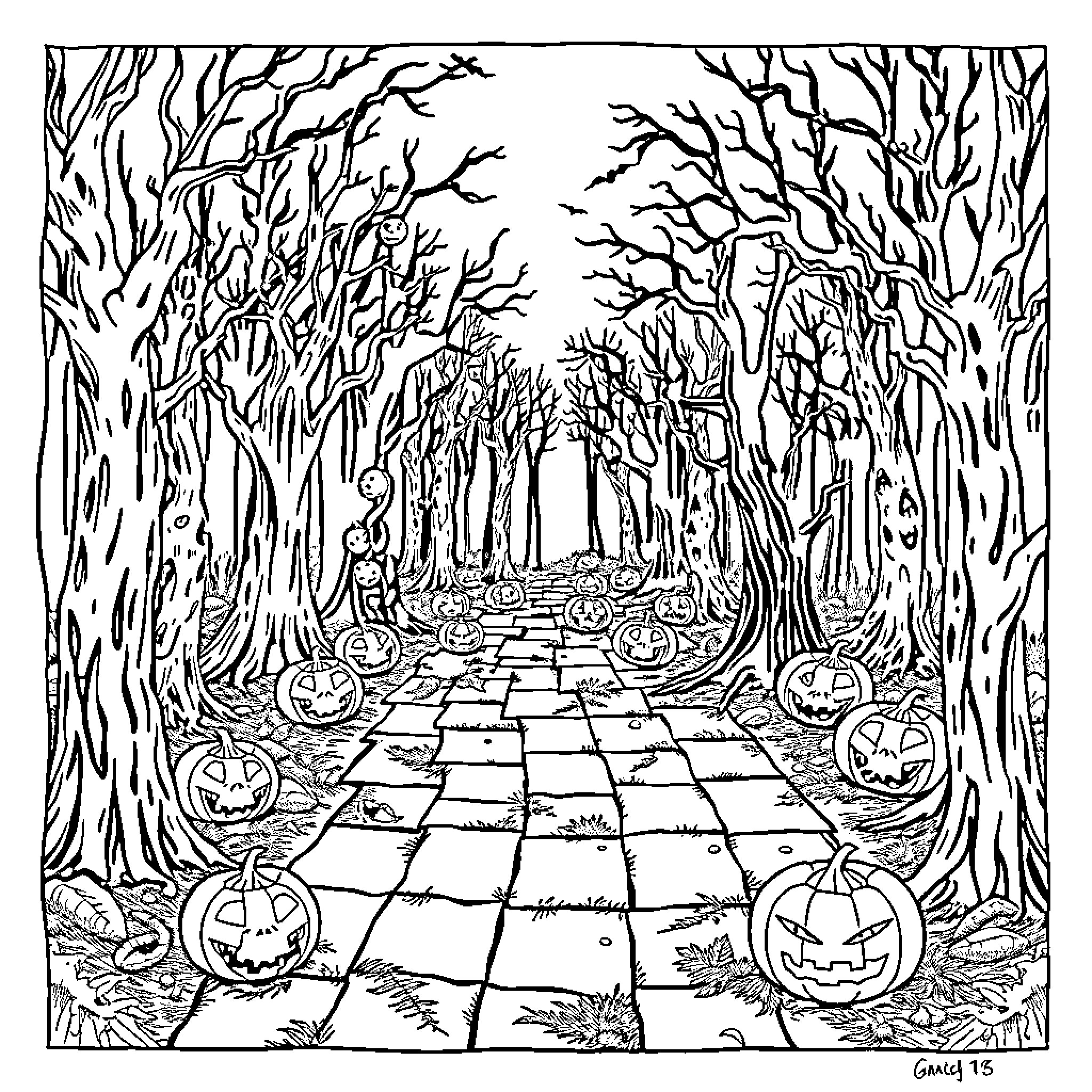 Forest Path with Halloween Decorations Coloring Page (free black-and-white line drawing printable PDF for all, from beginners to advanced learners, including children, teens, adults, and seniors)
