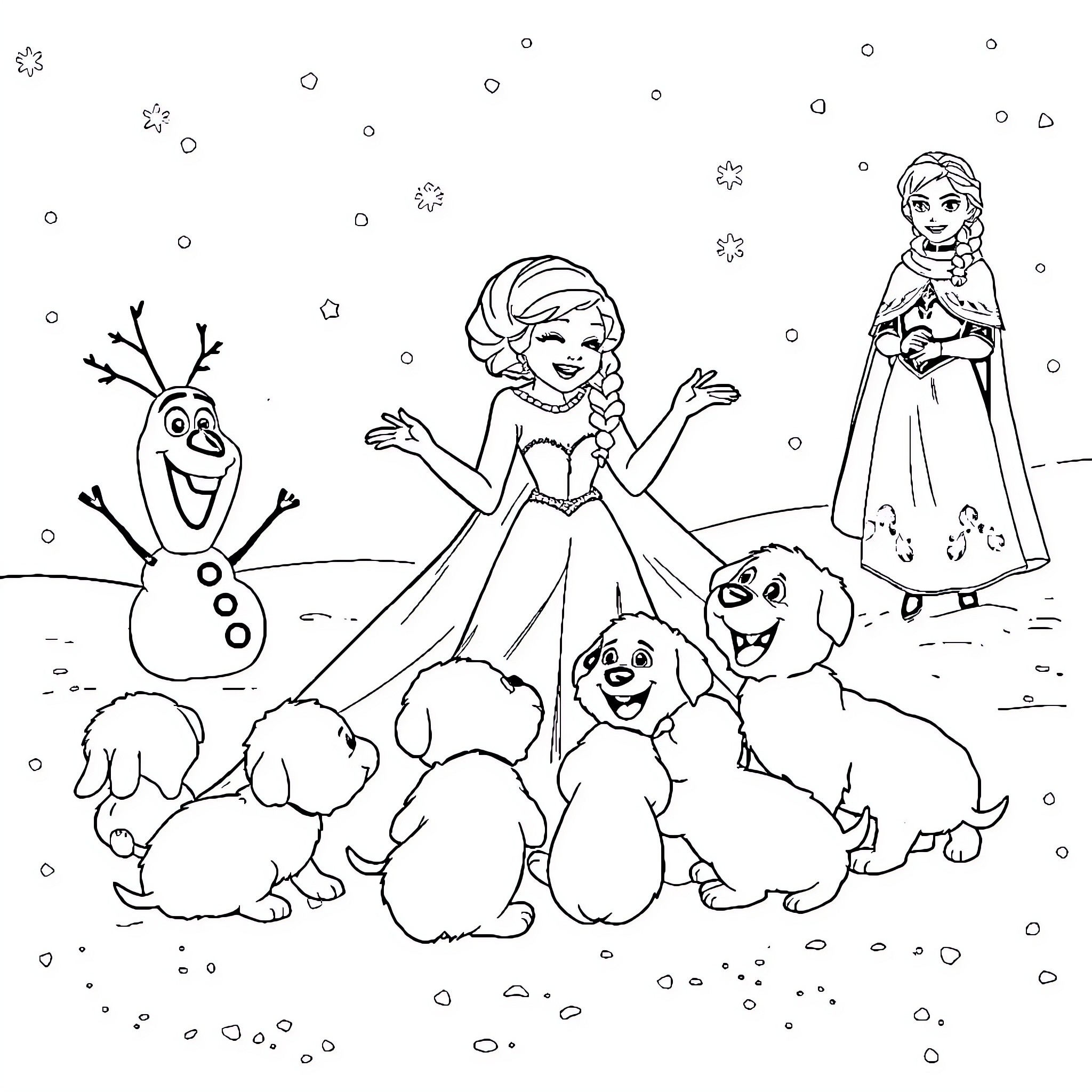 Elsa having a winter wonderland adventure with friends Coloring Page (free black-and-white line drawing printable PDF for all, from beginners to advanced learners, including children, teens, adults, and seniors)