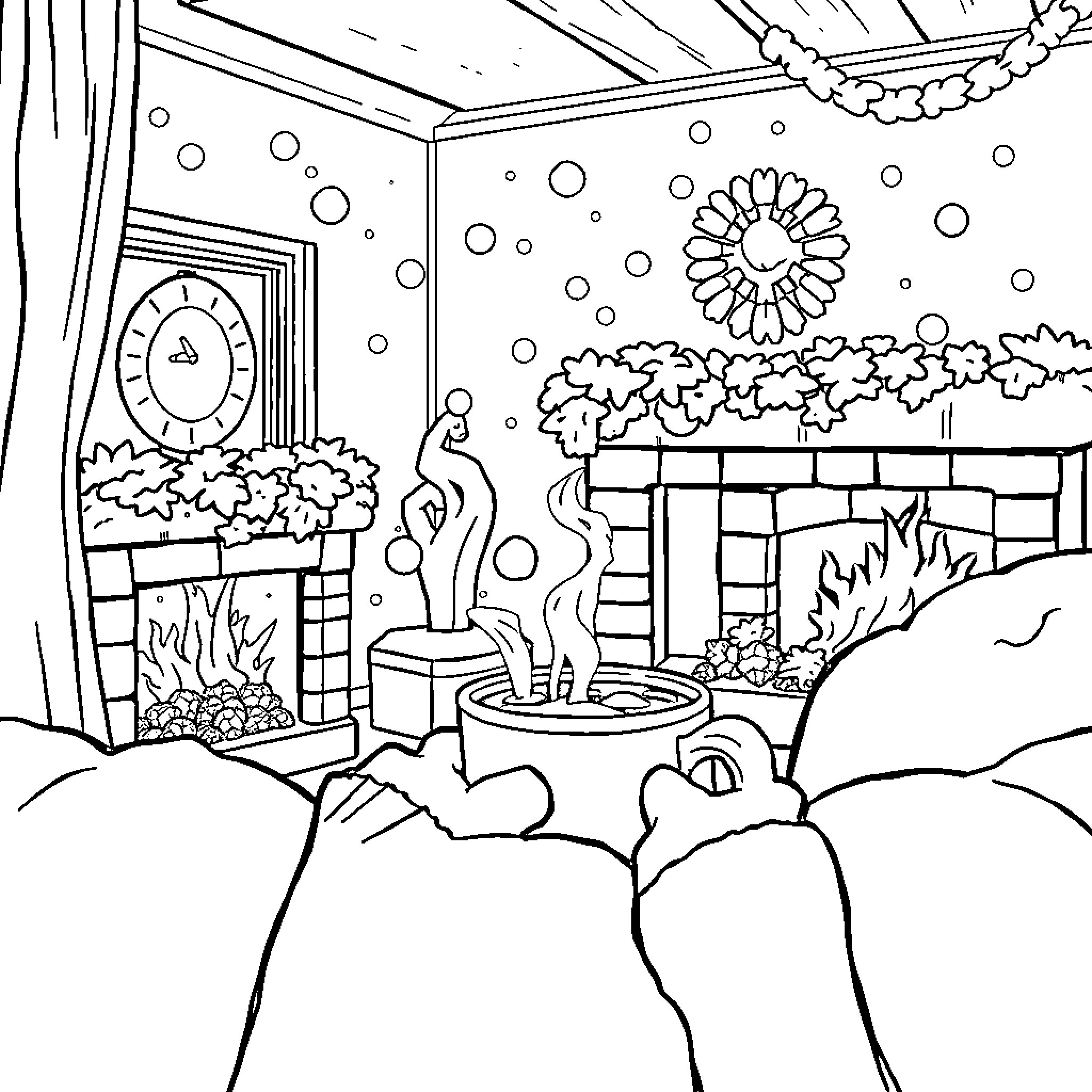 Cocoa in a Cozy Winter Wonderland Coloring Page (free black-and-white line drawing printable PDF for all, from beginners to advanced learners, including children, teens, adults, and seniors)