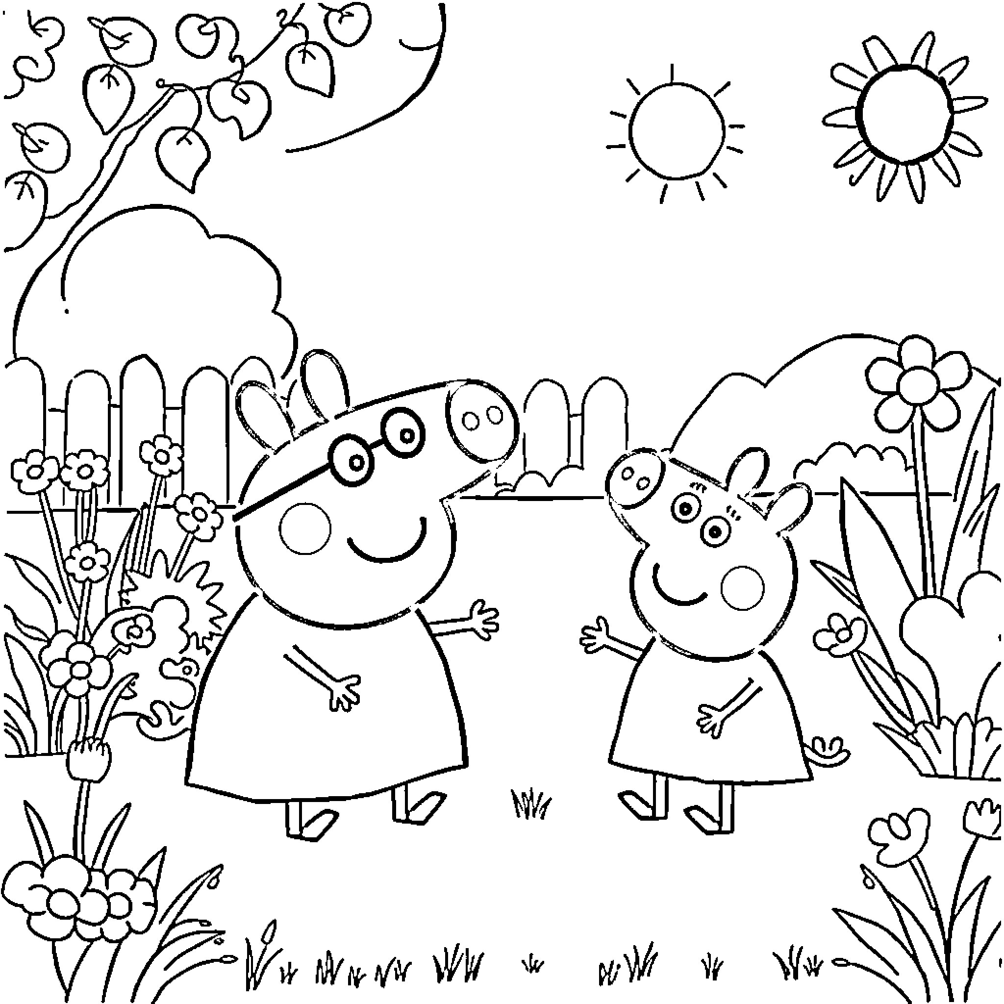 Peppa Pig and her friend enjoying a sunny day outdoors Coloring Page (free black-and-white line drawing printable PDF for all, from beginners to advanced learners, including children, teens, adults, and seniors)