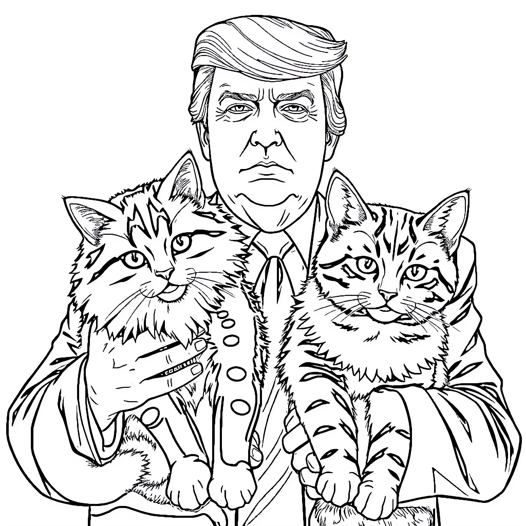 Donald Trump posing with two cats in a formal outfit Coloring Page (free black-and-white line drawing printable PDF for all, from beginners to advanced learners, including children, teens, adults, and seniors)