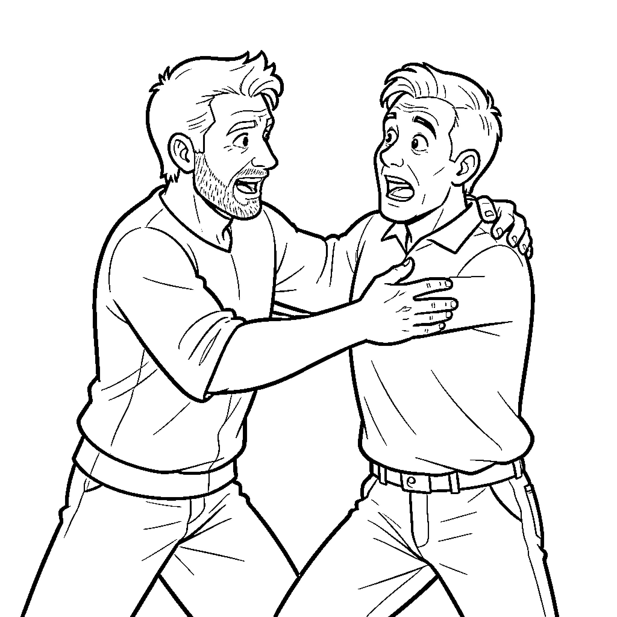 Man Embracing Another Man in Friendly Gesture Coloring Page (free black-and-white line drawing printable PDF for all, from beginners to advanced learners, including children, teens, adults, and seniors)