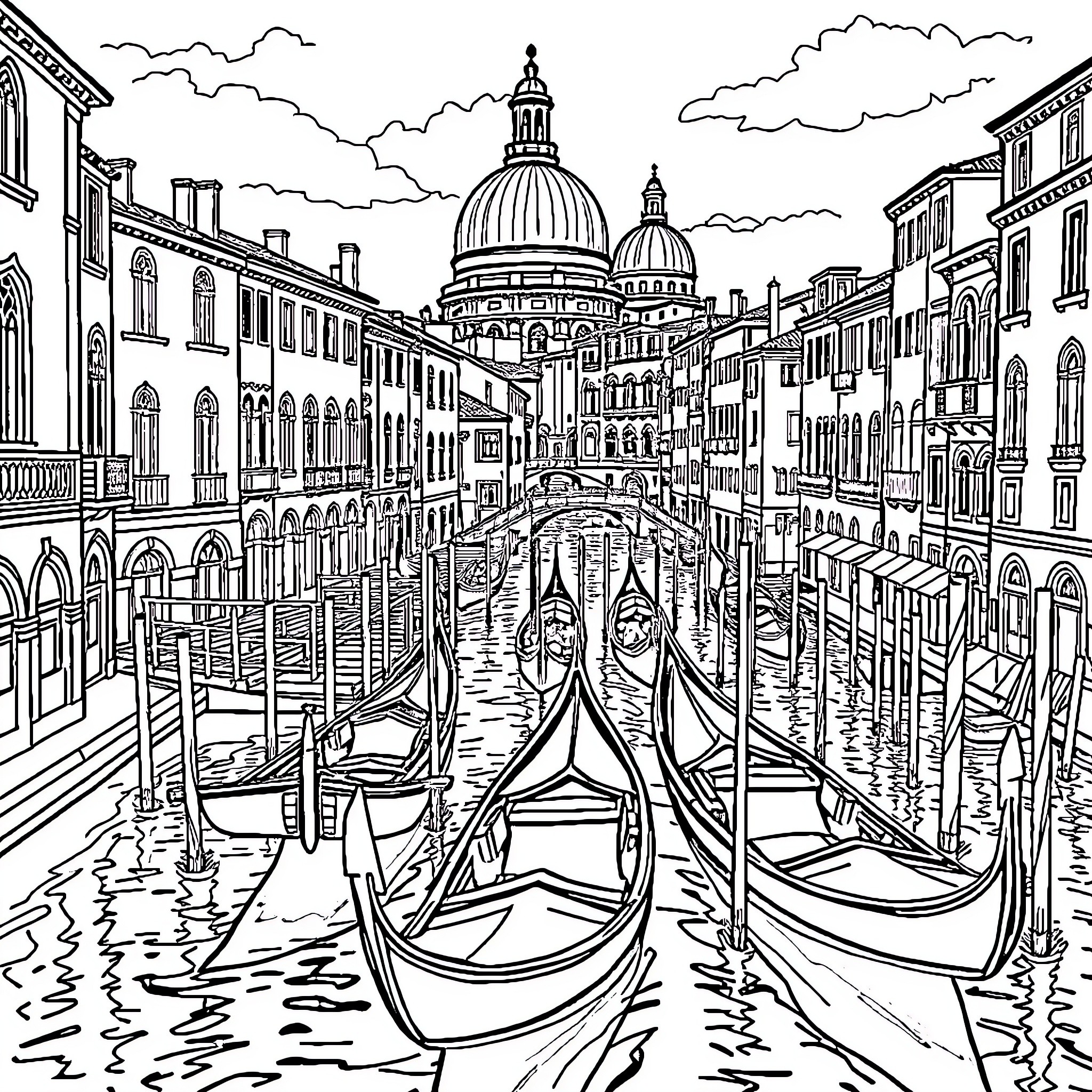 Venise: Gondolas and Domed Architecture in the Iconic Canal Coloring Page (free black-and-white line drawing printable PDF for all, from beginners to advanced learners, including children, teens, adults, and seniors)