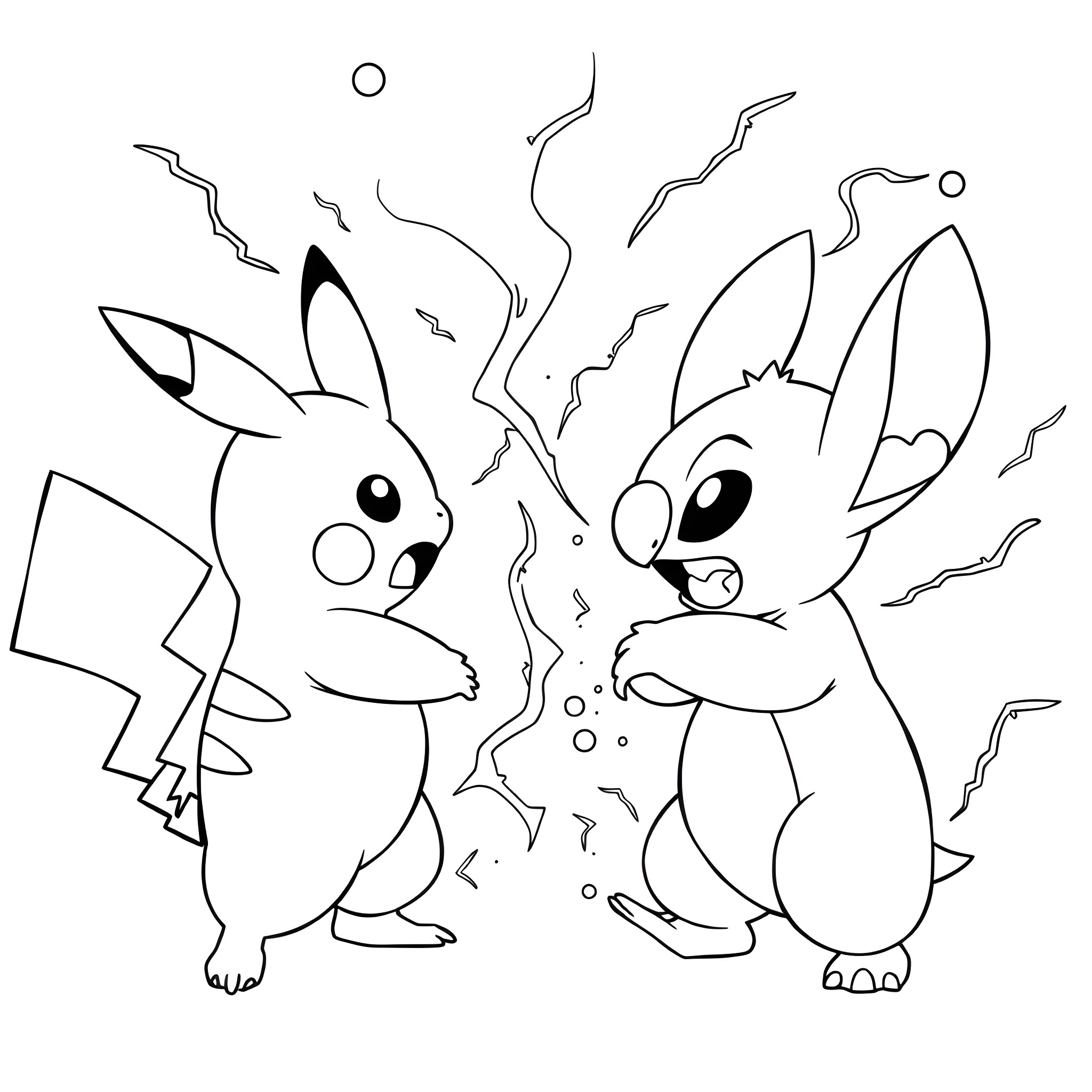 Pikachu and Stitch in playful interaction Coloring Page (free black-and-white line drawing printable PDF for all, from beginners to advanced learners, including children, teens, adults, and seniors)