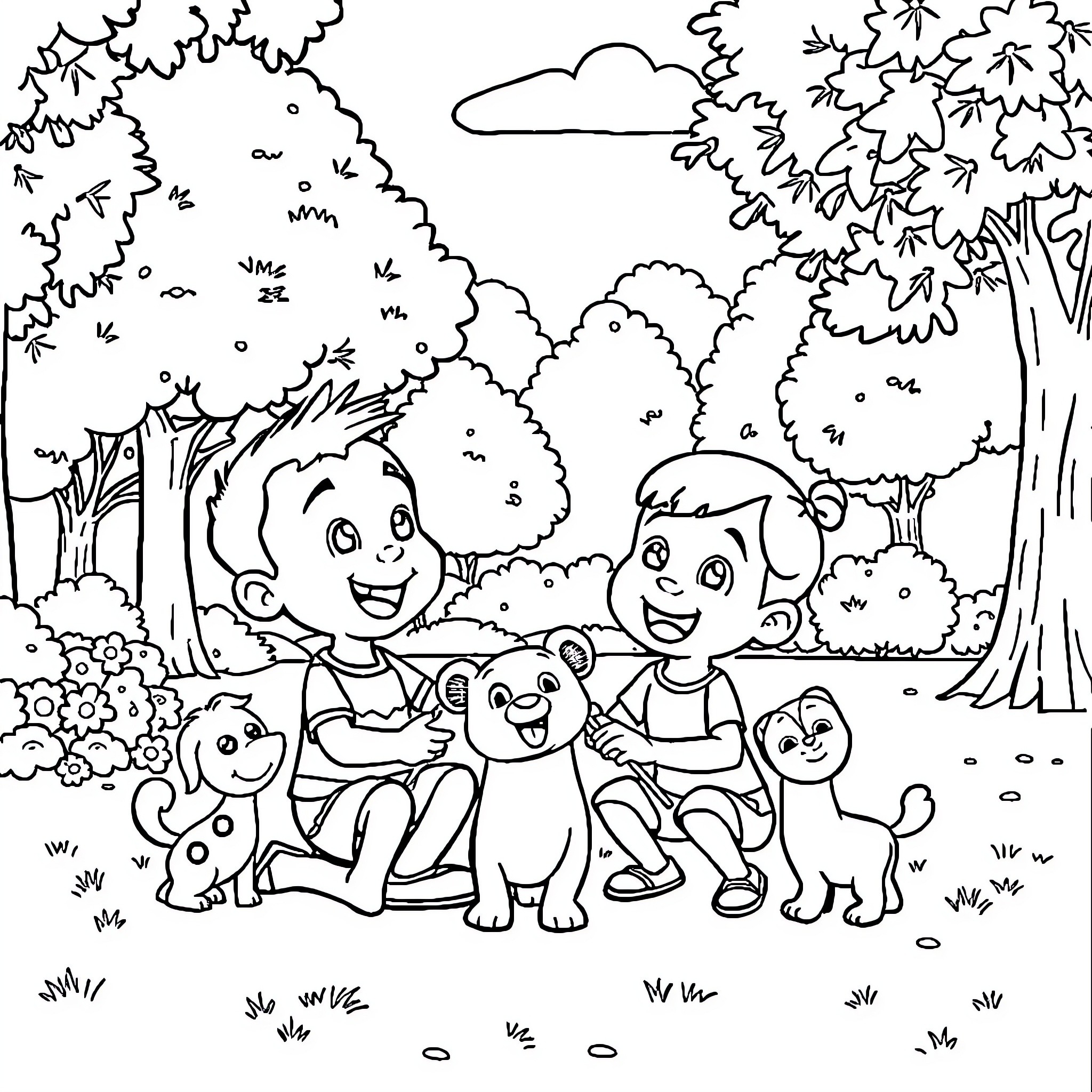 Upin Ipin playing happily with friends in the forest Coloring Page (free black-and-white line drawing printable PDF for all, from beginners to advanced learners, including children, teens, adults, and seniors)