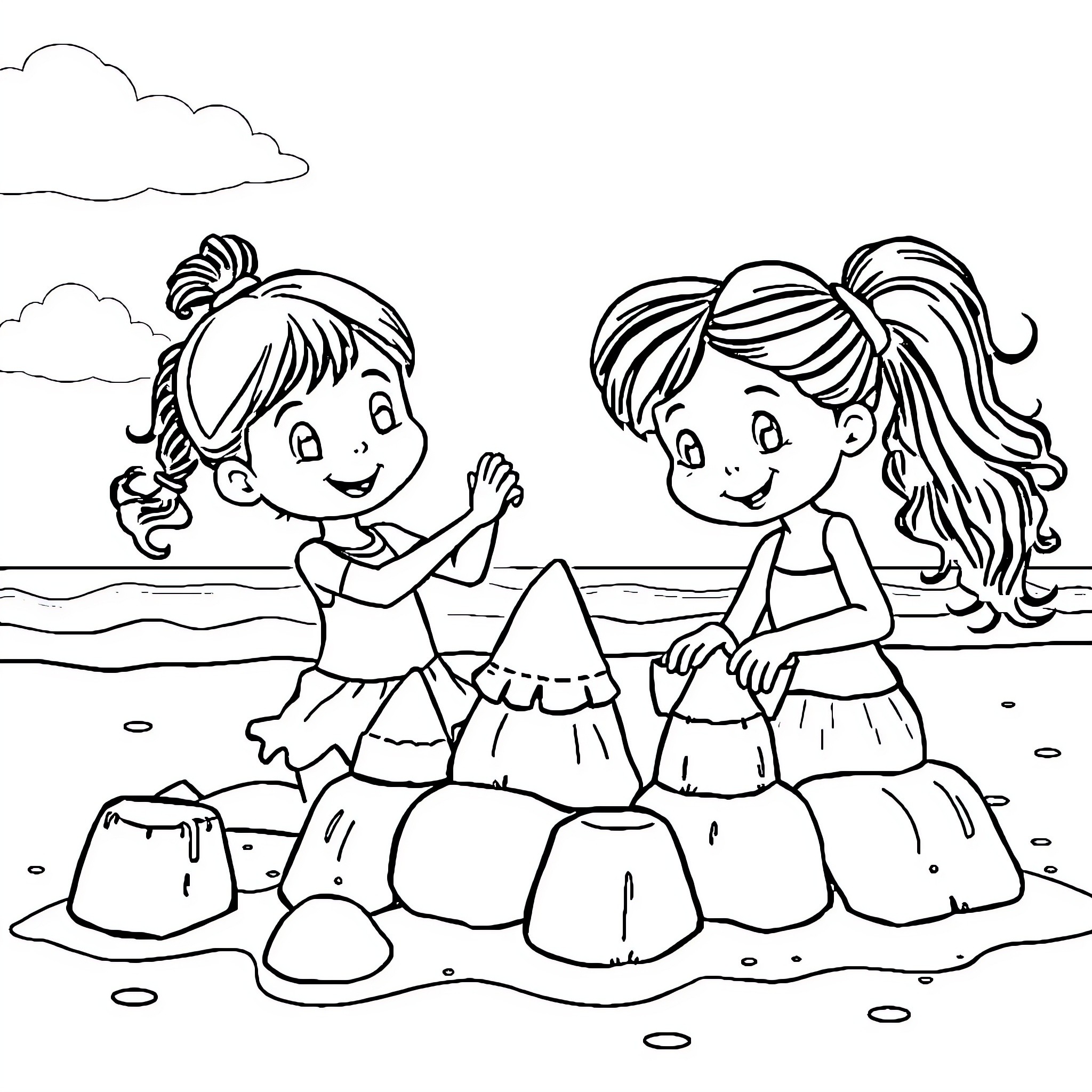 Nina and friend playing in the sand Coloring Page (free black-and-white line drawing printable PDF for all, from beginners to advanced learners, including children, teens, adults, and seniors)