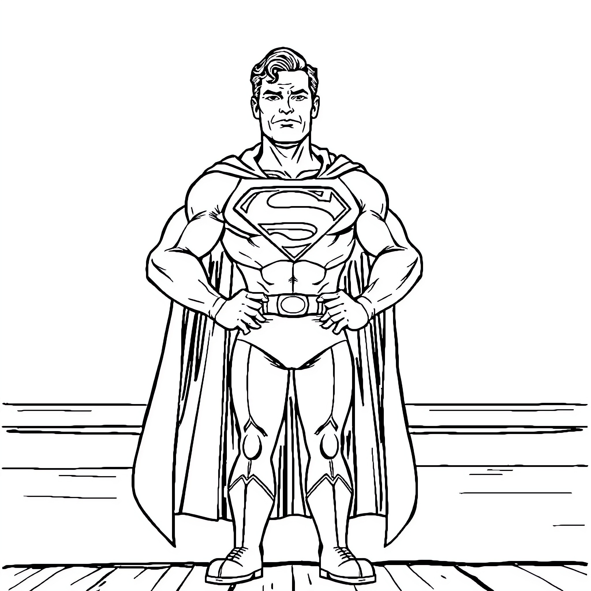 Superman in heroic pose with cape and costume Coloring Page (free black-and-white line drawing printable PDF for all, from beginners to advanced learners, including children, teens, adults, and seniors)