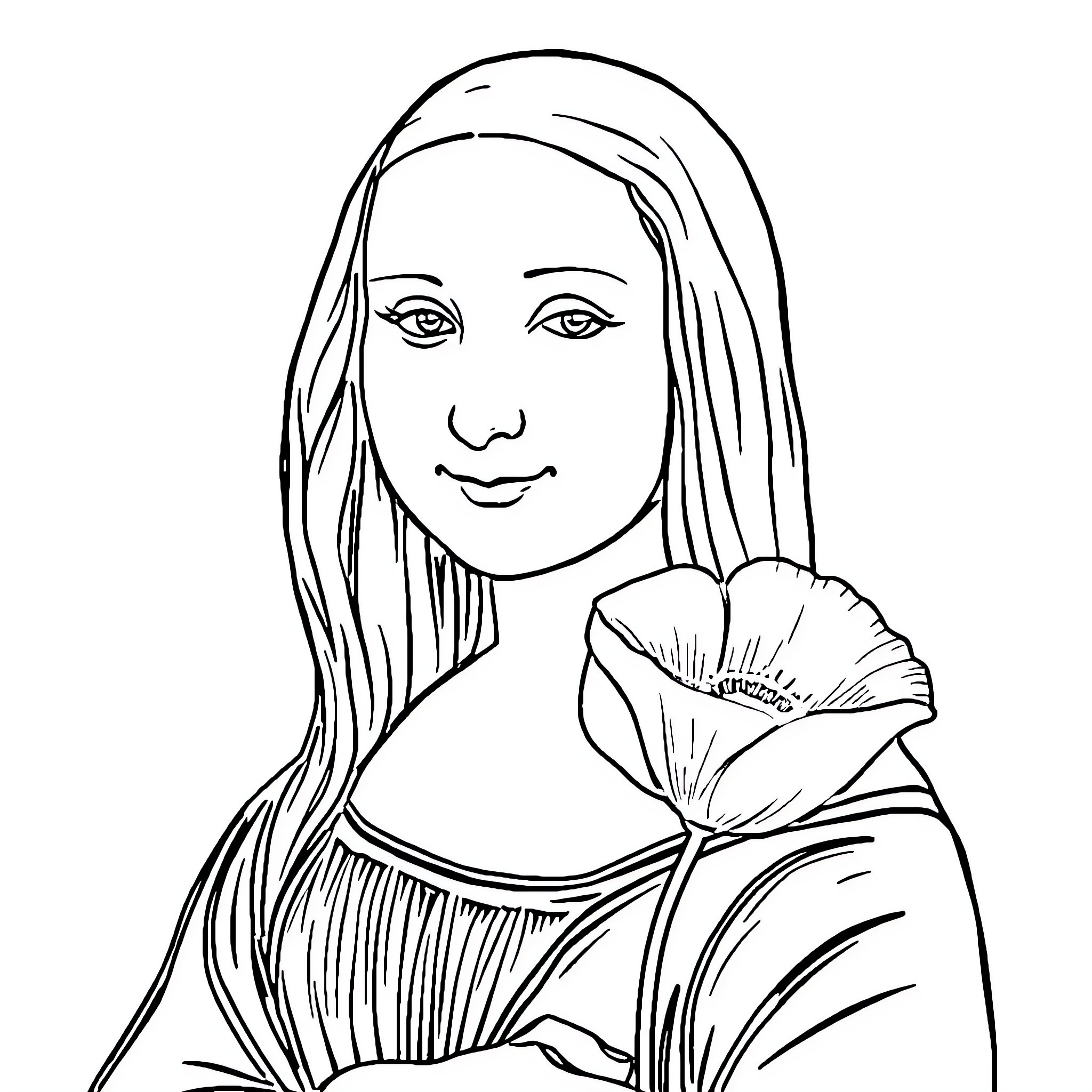 Mona Lisa Holding a Flower Coloring Page (free black-and-white line drawing printable PDF for all, from beginners to advanced learners, including children, teens, adults, and seniors)
