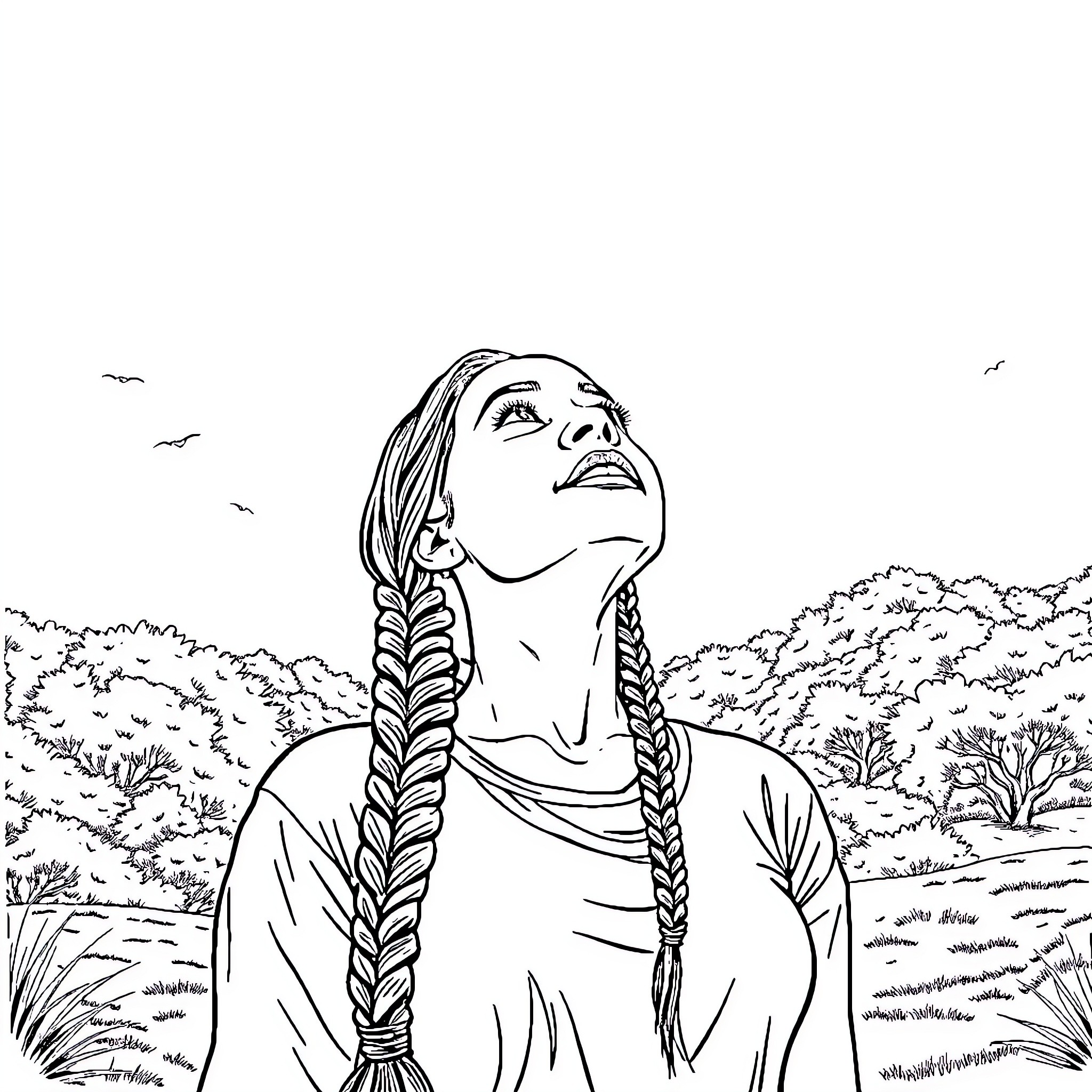 Woman gazing into the distance in a natural setting Coloring Page (free black-and-white line drawing printable PDF for all, from beginners to advanced learners, including children, teens, adults, and seniors)