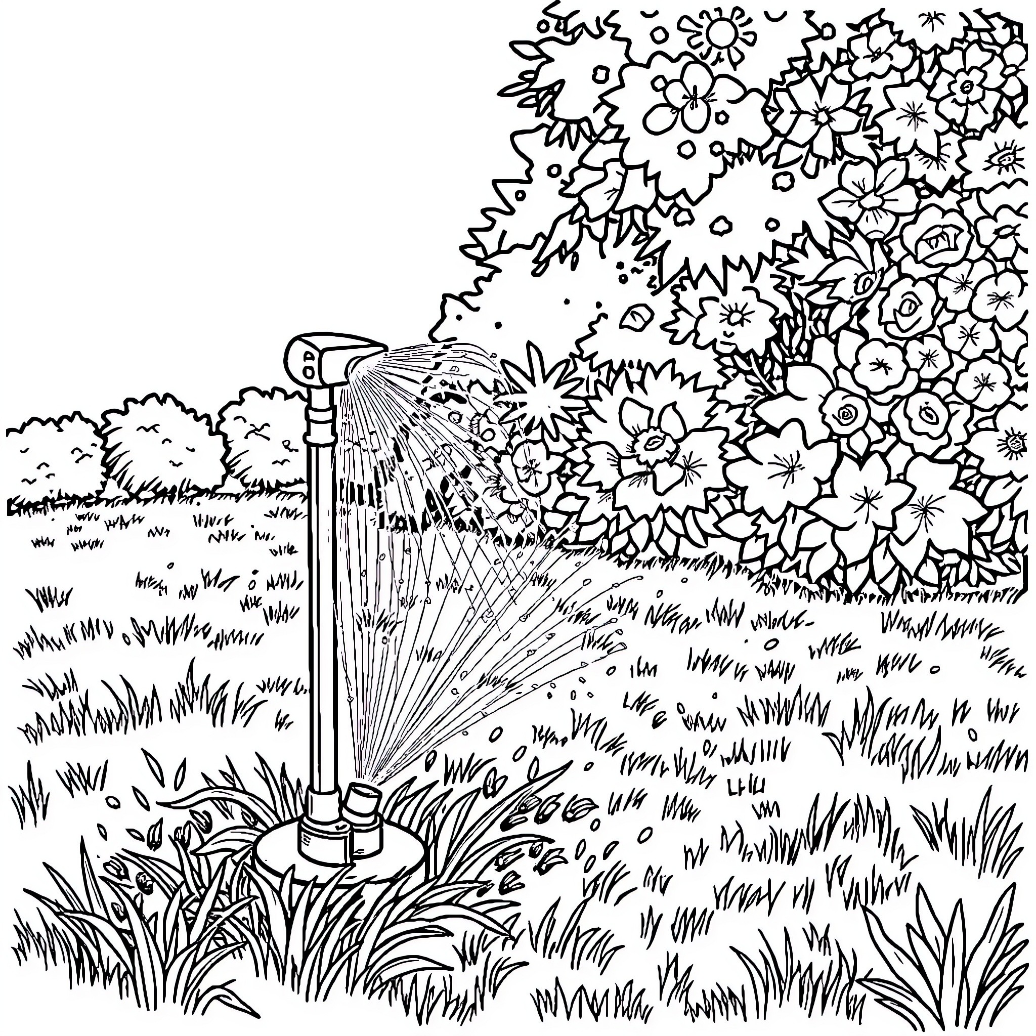 Sprinkler watering lush garden full of blooming flowers Coloring Page (free black-and-white line drawing printable PDF for all, from beginners to advanced learners, including children, teens, adults, and seniors)