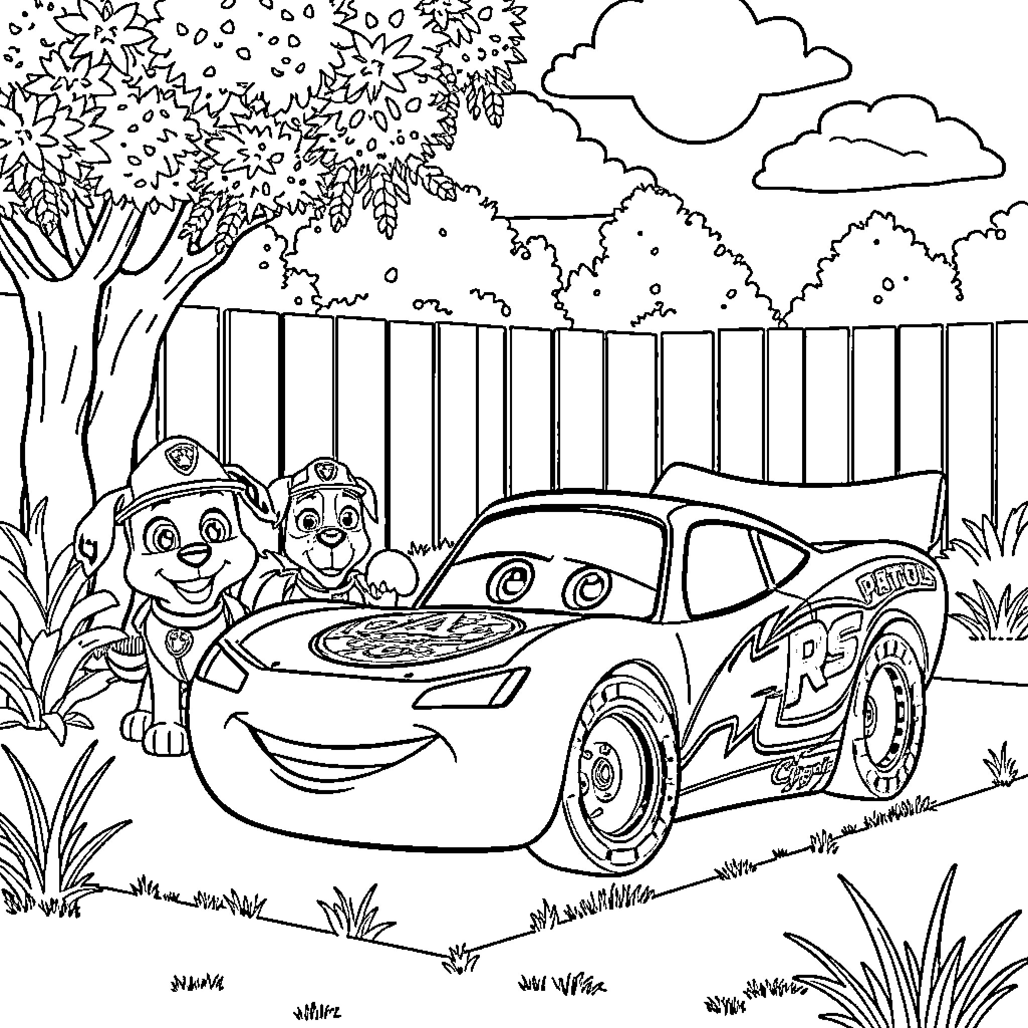 Lightning McQueen and friends playing in the park Coloring Page (free black-and-white line drawing printable PDF for all, from beginners to advanced learners, including children, teens, adults, and seniors)
