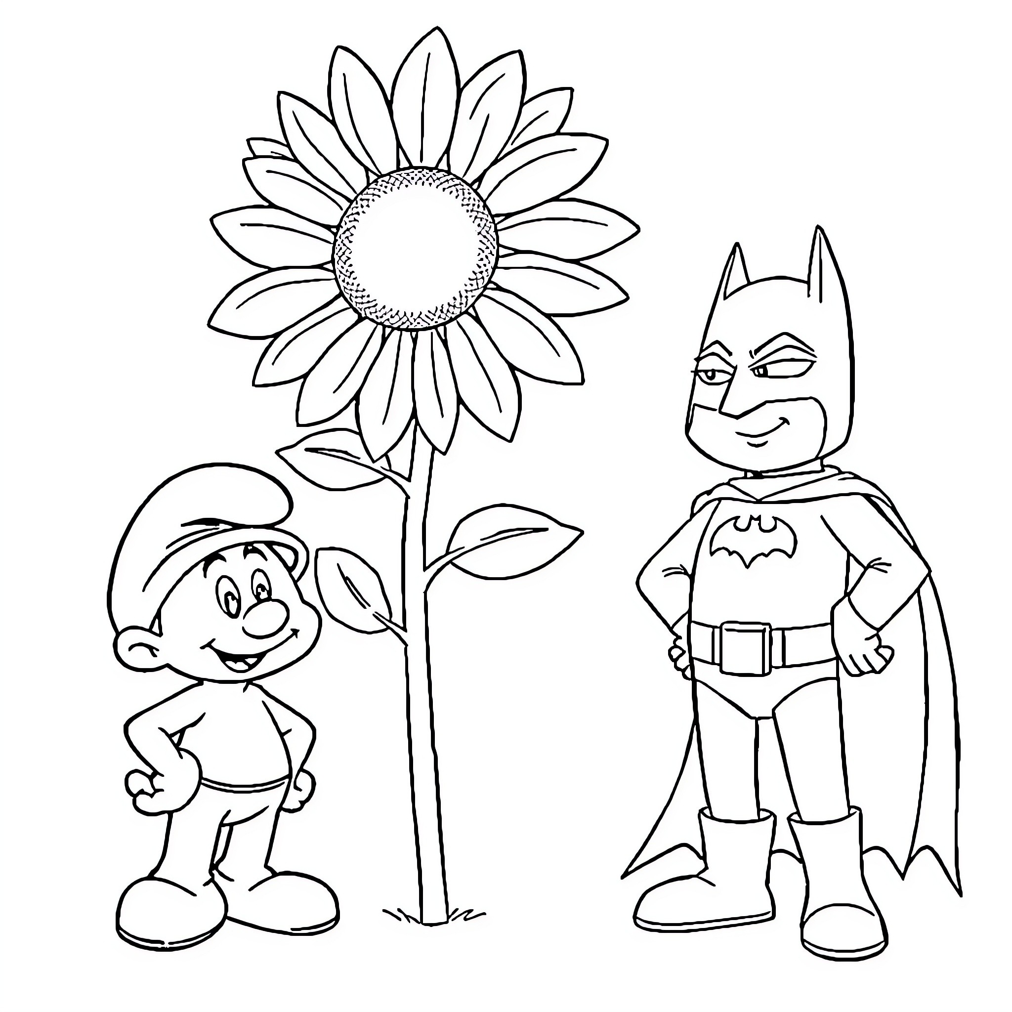 Sunflower with Batman and Dwarf cartoon characters Coloring Page (free black-and-white line drawing printable PDF for all, from beginners to advanced learners, including children, teens, adults, and seniors)