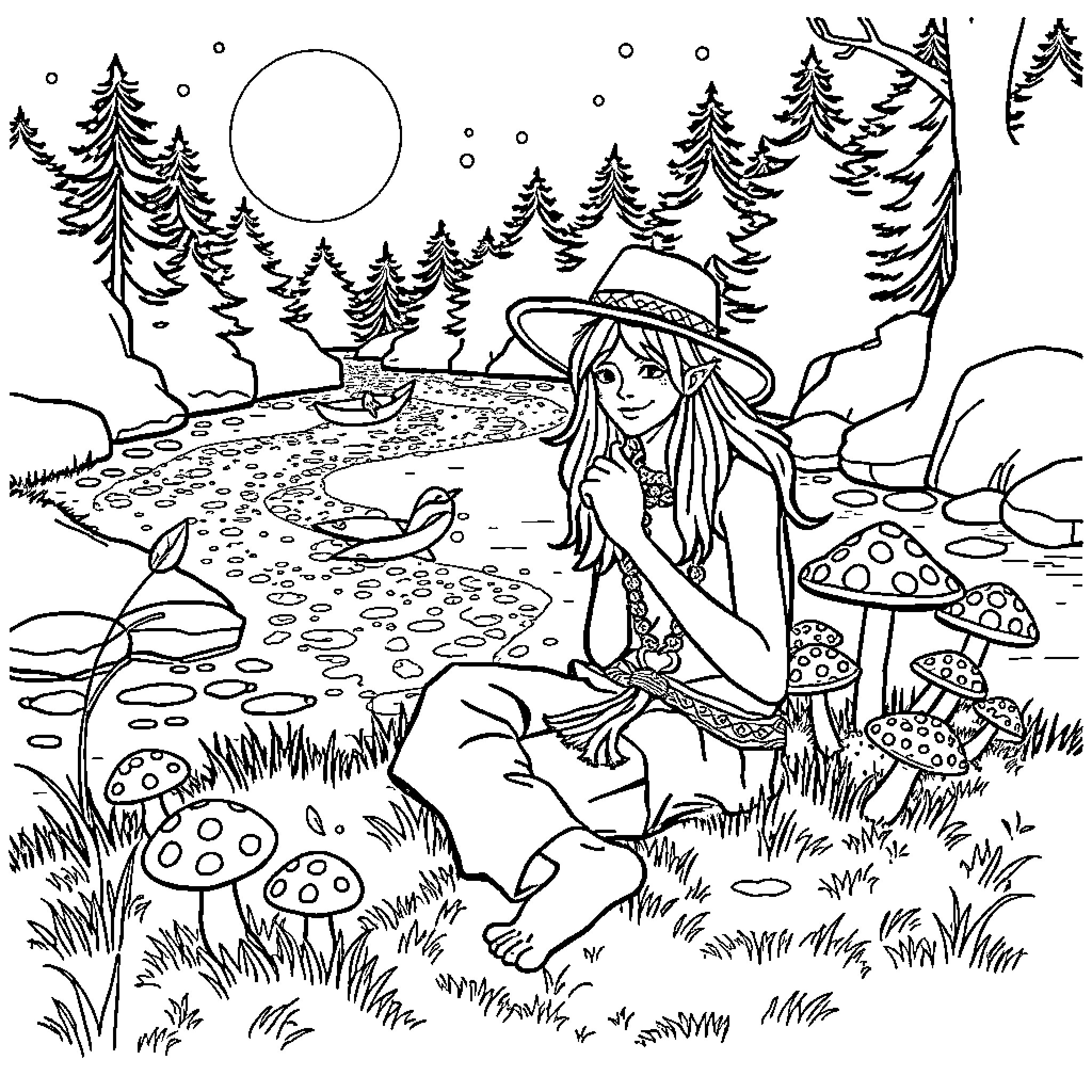 Hippie Girl in Mystical Forest Landscape Coloring Page (free black-and-white line drawing printable PDF for all, from beginners to advanced learners, including children, teens, adults, and seniors)