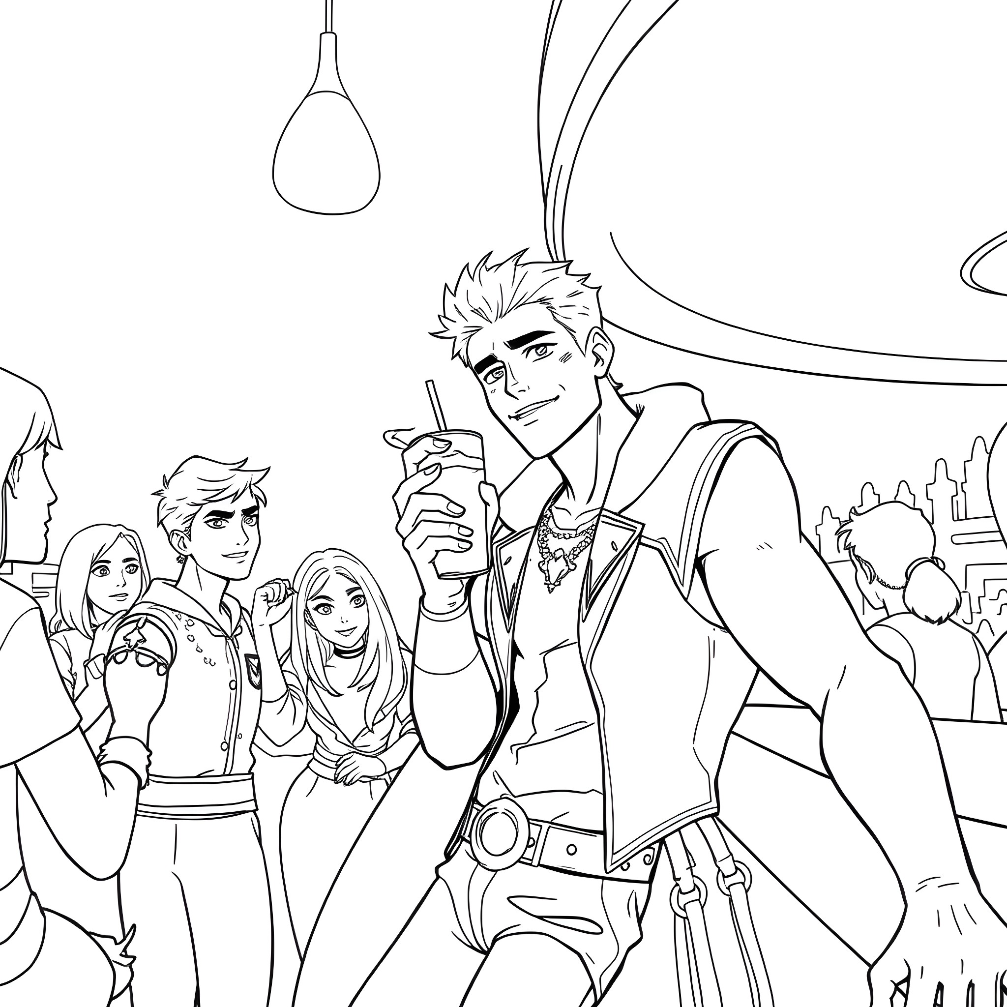 Rhysand and his companions in a vibrant city scene Coloring Page (free black-and-white line drawing printable PDF for all, from beginners to advanced learners, including children, teens, adults, and seniors)