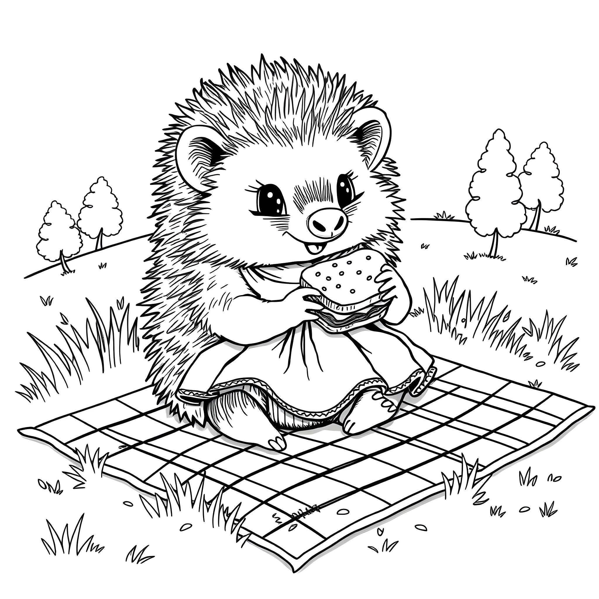Hedgehog enjoying a picnic in the park Coloring Page (free black-and-white line drawing printable PDF for all, from beginners to advanced learners, including children, teens, adults, and seniors)