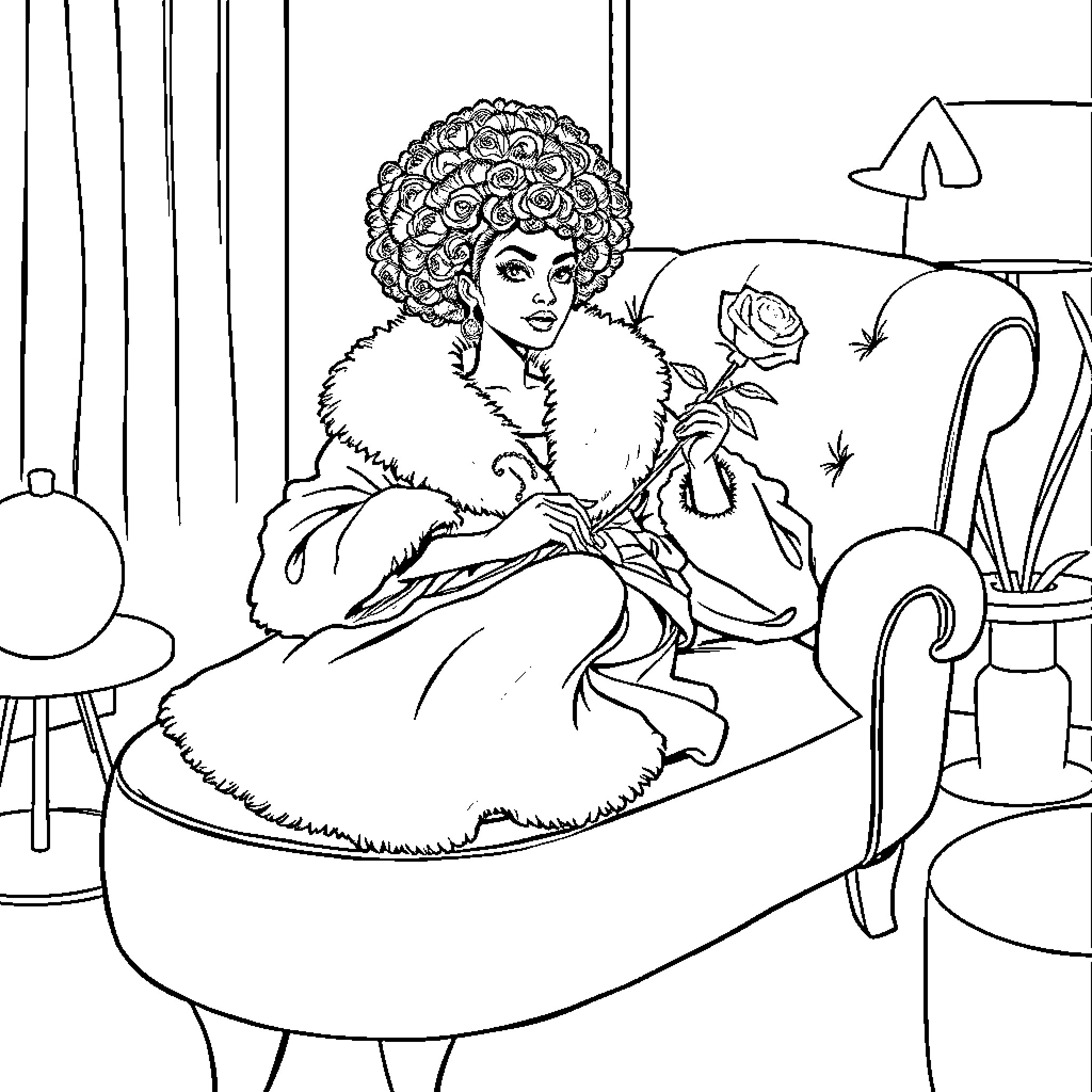 Woman in elegant fur coat sitting in a cozy room Coloring Page (free black-and-white line drawing printable PDF for all, from beginners to advanced learners, including children, teens, adults, and seniors)