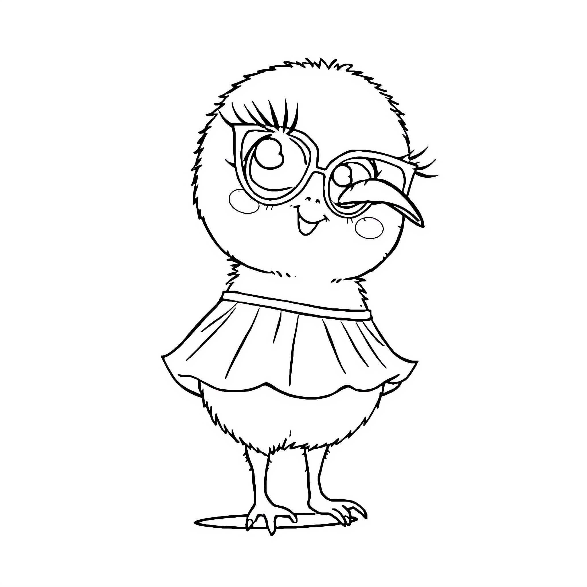 Kiwi bird wearing a skirt in a playful pose Coloring Page (free black-and-white line drawing printable PDF for all, from beginners to advanced learners, including children, teens, adults, and seniors)