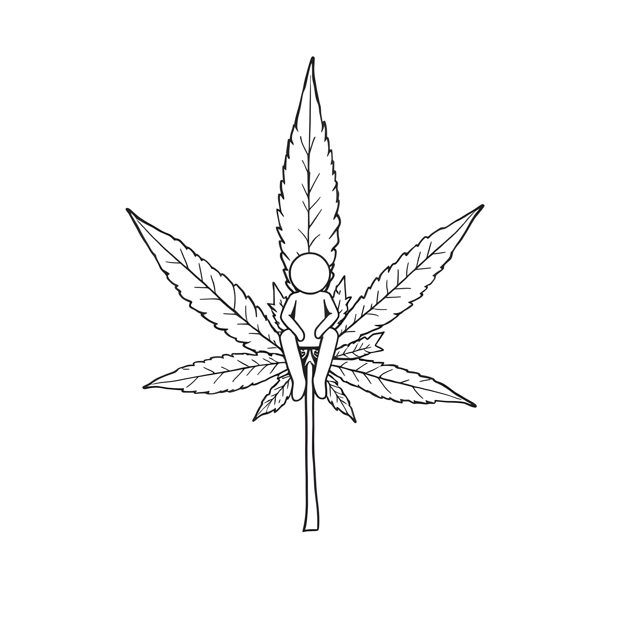 Marijuana Leaf with Abstract Silhouette Design Coloring Page (free black-and-white line drawing printable PDF for all, from beginners to advanced learners, including children, teens, adults, and seniors)