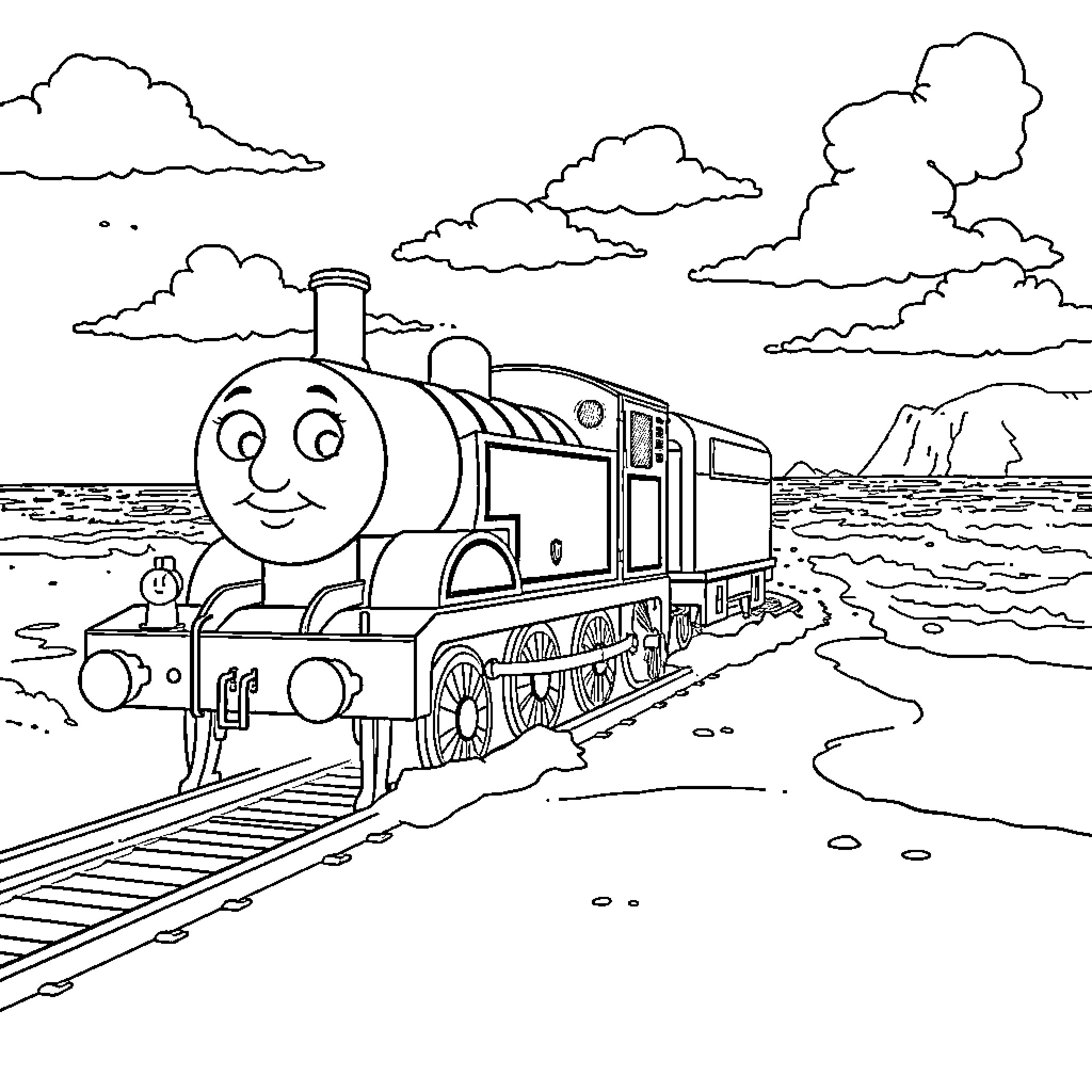 Train chugging through scenic landscape Coloring Page (free black-and-white line drawing printable PDF for all, from beginners to advanced learners, including children, teens, adults, and seniors)
