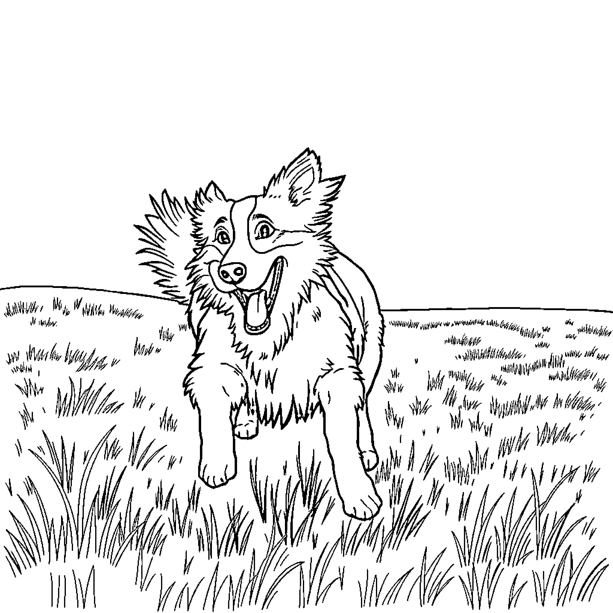 Border Collie Playfully Exploring the Grassy Field Coloring Page (free black-and-white line drawing printable PDF for all, from beginners to advanced learners, including children, teens, adults, and seniors)