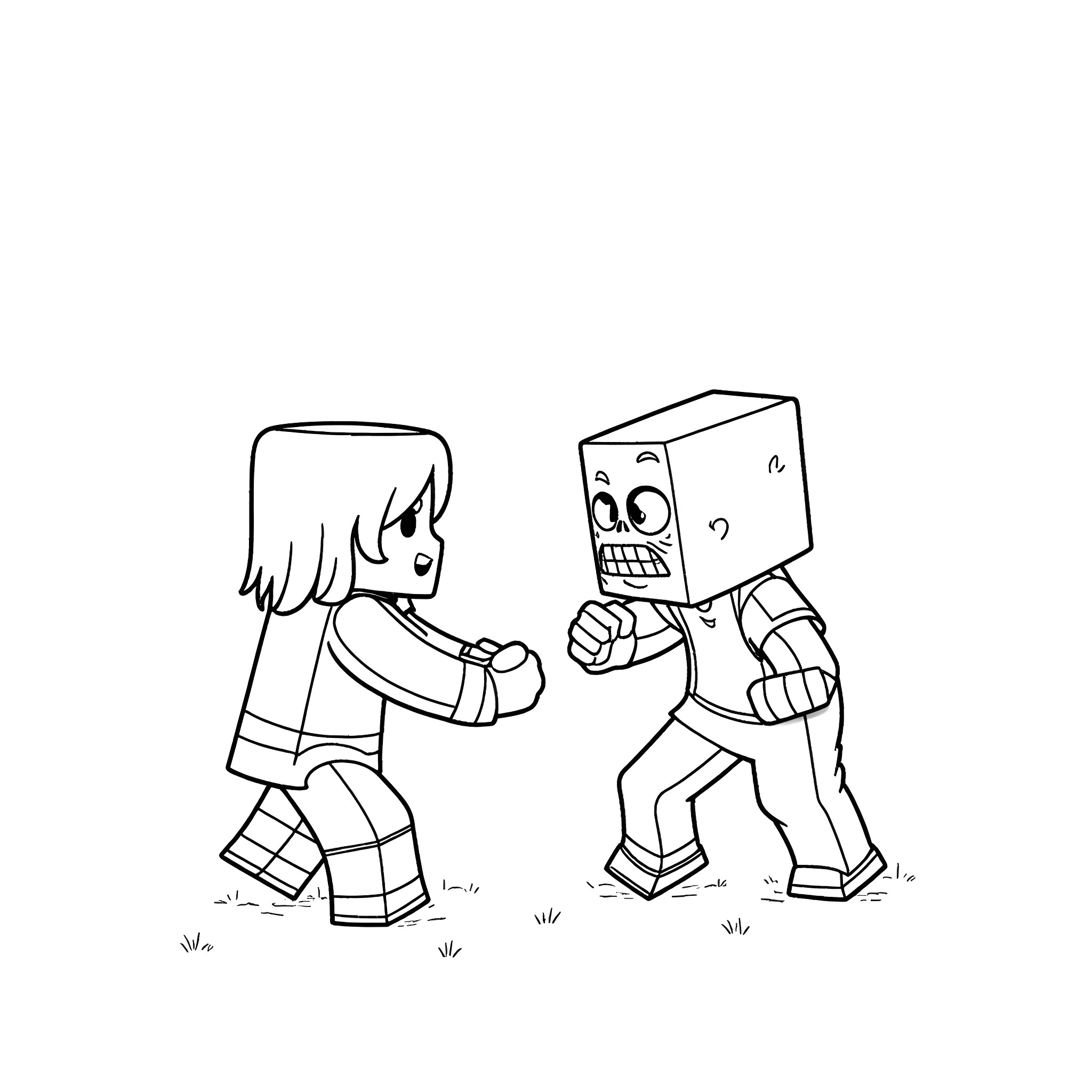 Craftee characters fighting with enthusiasm Coloring Page (free black-and-white line drawing printable PDF for all, from beginners to advanced learners, including children, teens, adults, and seniors)