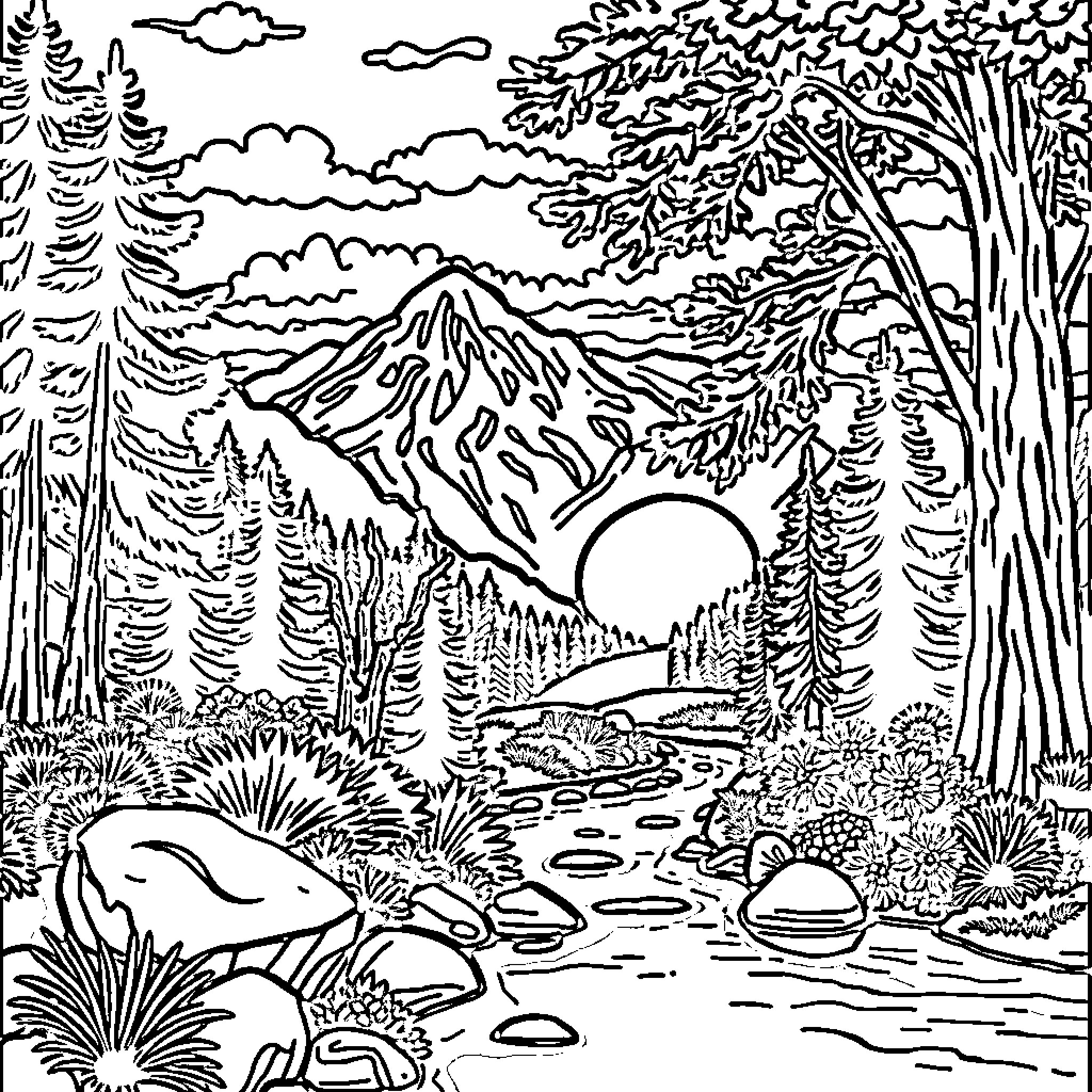 Stress Relief in the Serene Wilderness Coloring Page (free black-and-white line drawing printable PDF for all, from beginners to advanced learners, including children, teens, adults, and seniors)