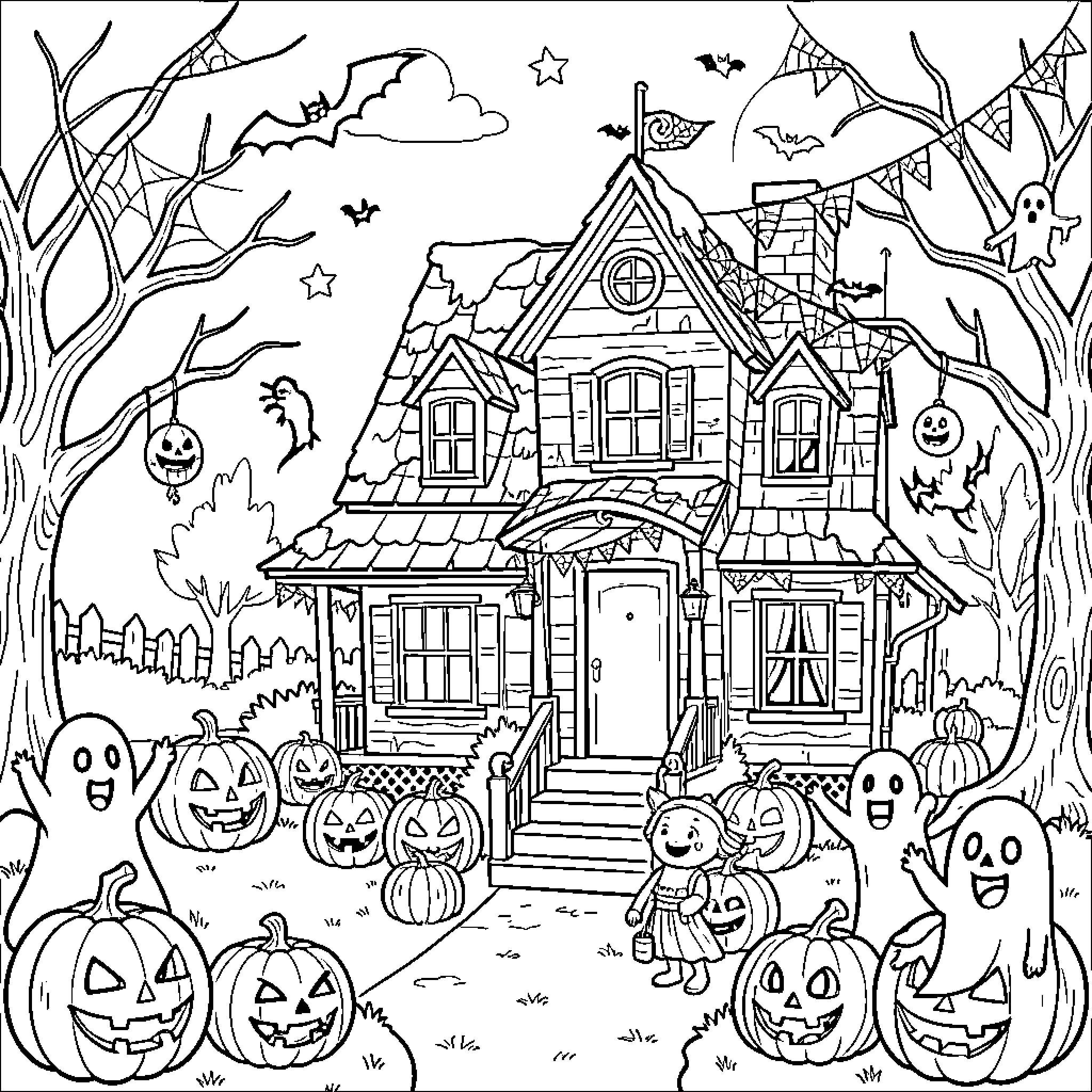 Halloween haunted house with spooky ghosts and pumpkins Coloring Page (free black-and-white line drawing printable PDF for all, from beginners to advanced learners, including children, teens, adults, and seniors)