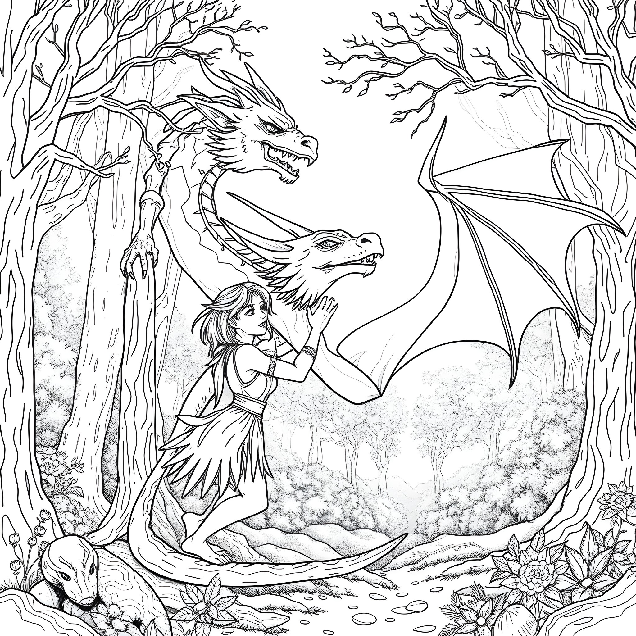 Elf interacting with fantasy dragons in the enchanted forest Coloring Page (free black-and-white line drawing printable PDF for all, from beginners to advanced learners, including children, teens, adults, and seniors)