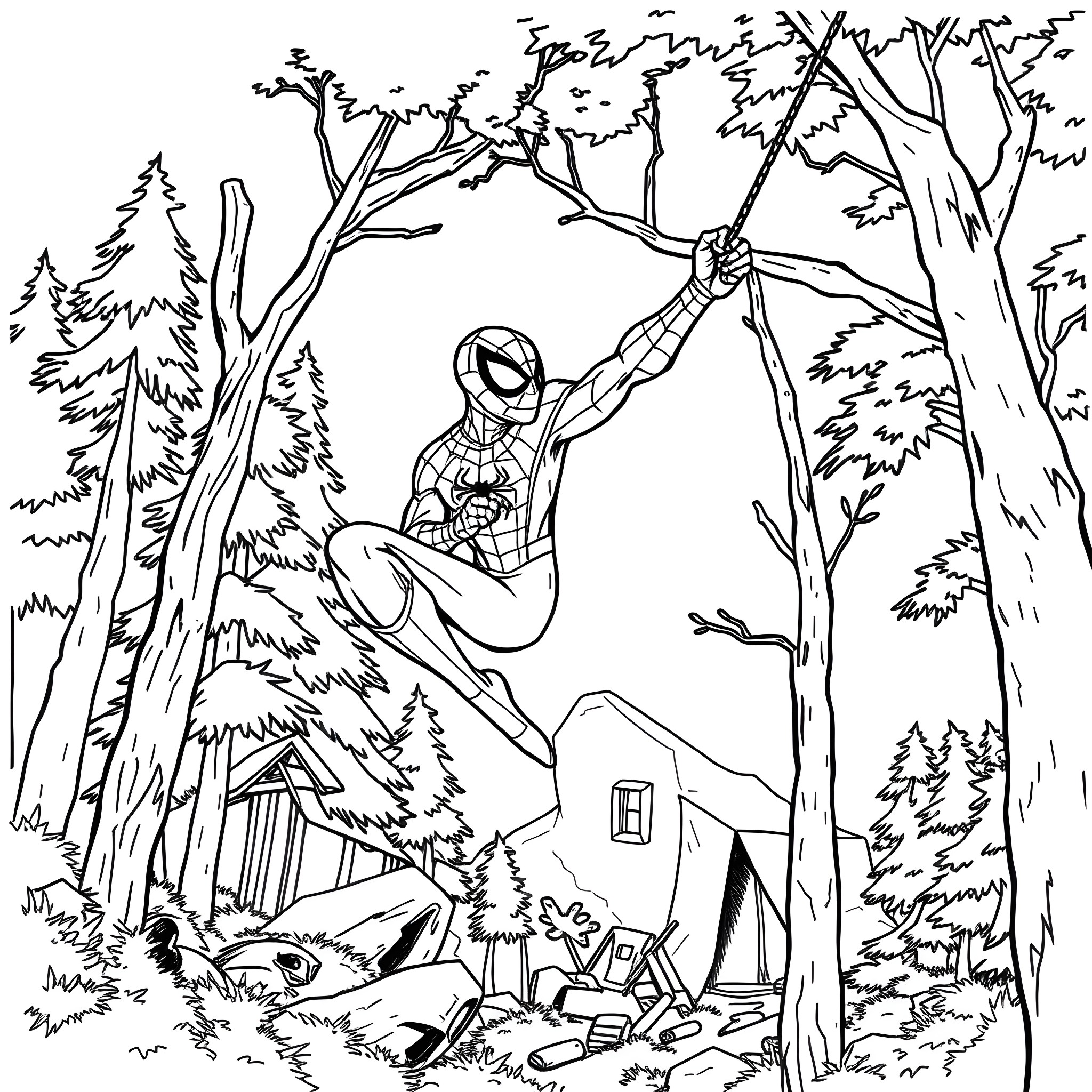 Spider-Man swinging through the forest landscape Coloring Page (free black-and-white line drawing printable PDF for all, from beginners to advanced learners, including children, teens, adults, and seniors)