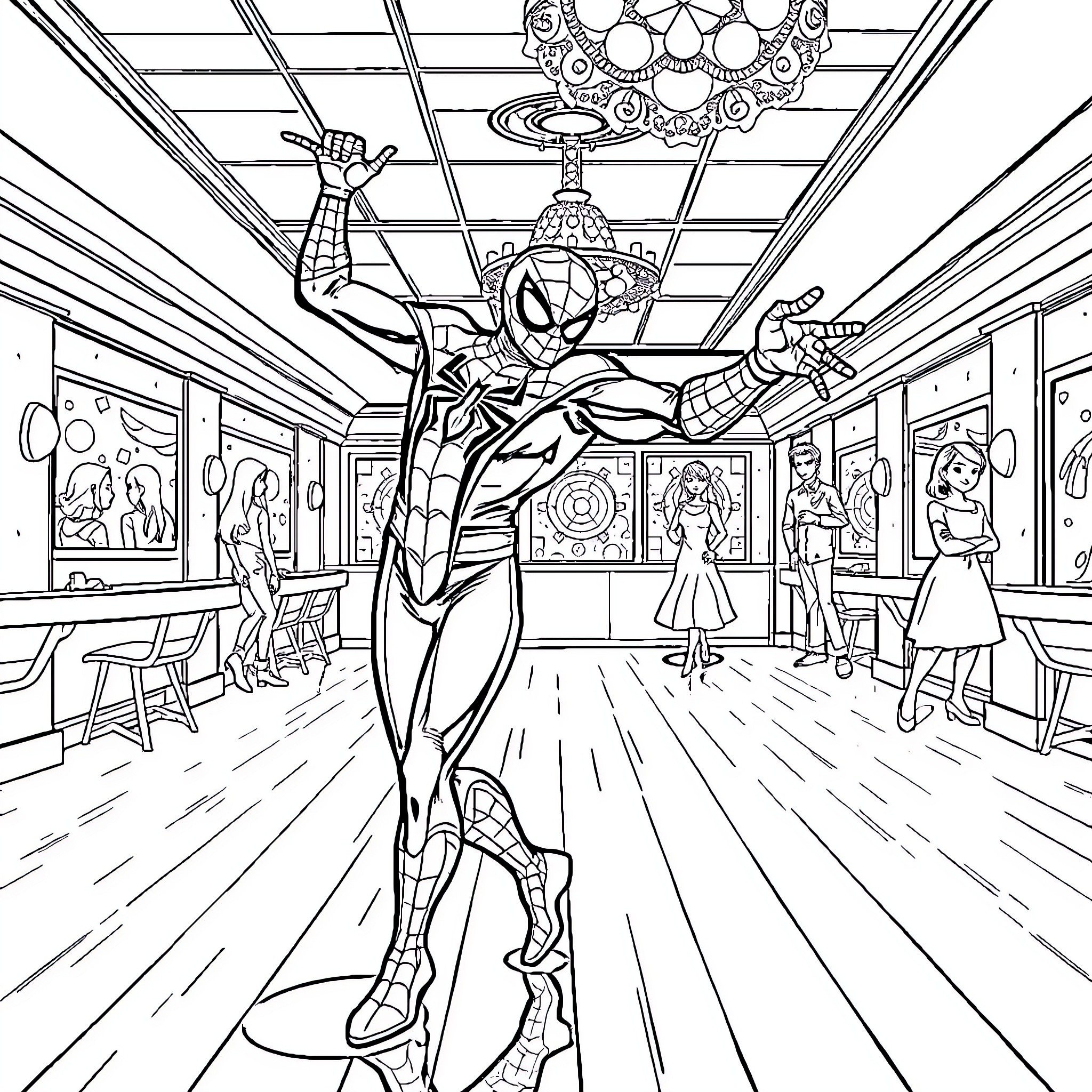 Spiderman swinging through an art gallery Coloring Page (free black-and-white line drawing printable PDF for all, from beginners to advanced learners, including children, teens, adults, and seniors)
