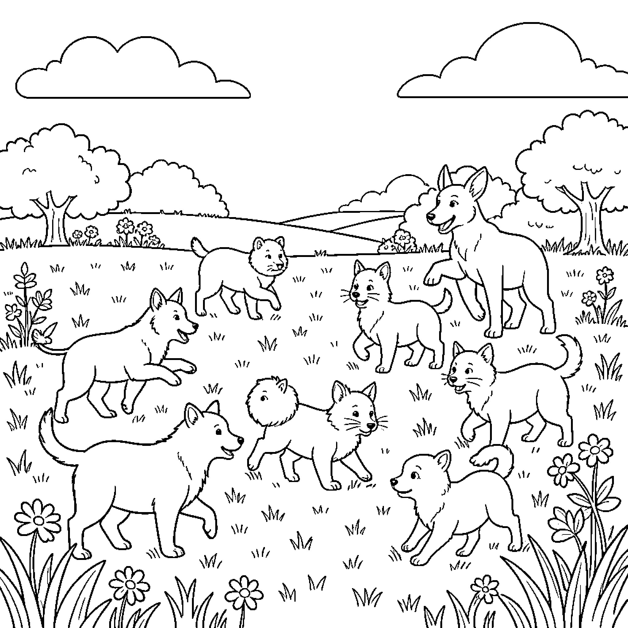 Animal Pack Playing in Nature Coloring Page (free black-and-white line drawing printable PDF for all, from beginners to advanced learners, including children, teens, adults, and seniors)