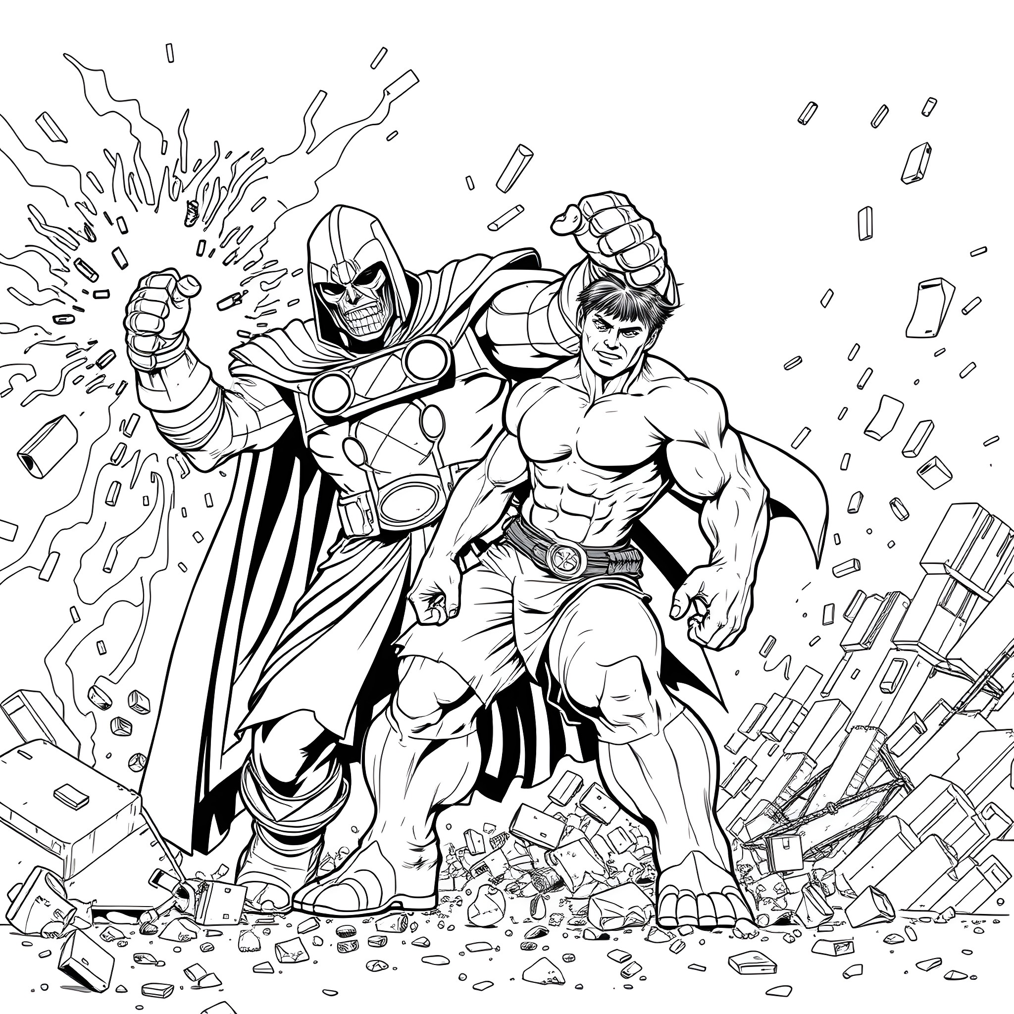 Doctor Doom battling against a powerful hero Coloring Page (free black-and-white line drawing printable PDF for all, from beginners to advanced learners, including children, teens, adults, and seniors)