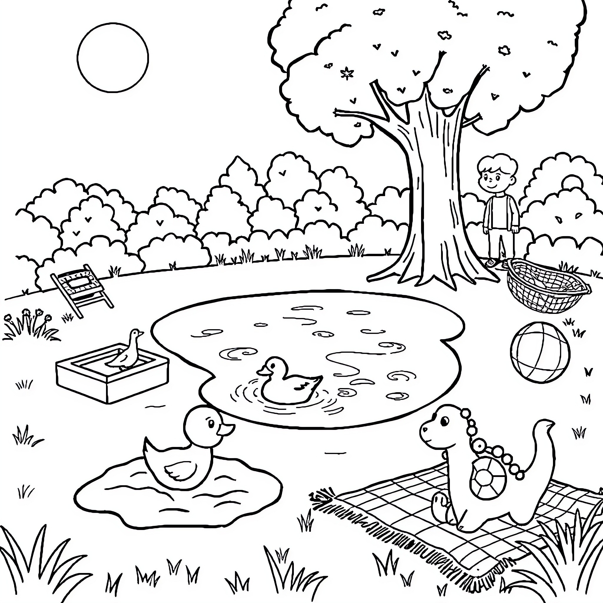 Park scene with children playing and animals Coloring Page (free black-and-white line drawing printable PDF for all, from beginners to advanced learners, including children, teens, adults, and seniors)