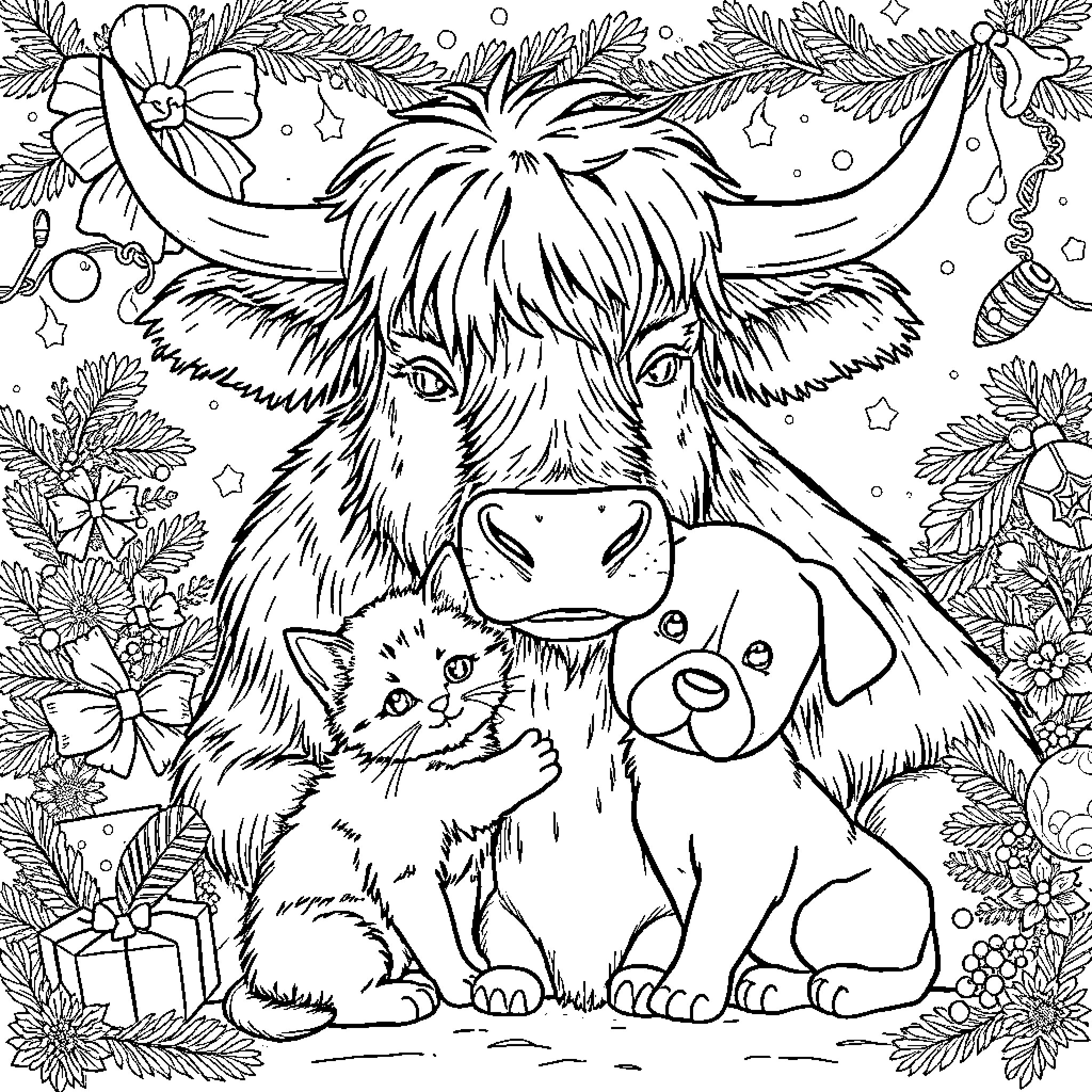 Highland Cow with Curious Companions Coloring Page (free black-and-white line drawing printable PDF for all, from beginners to advanced learners, including children, teens, adults, and seniors)