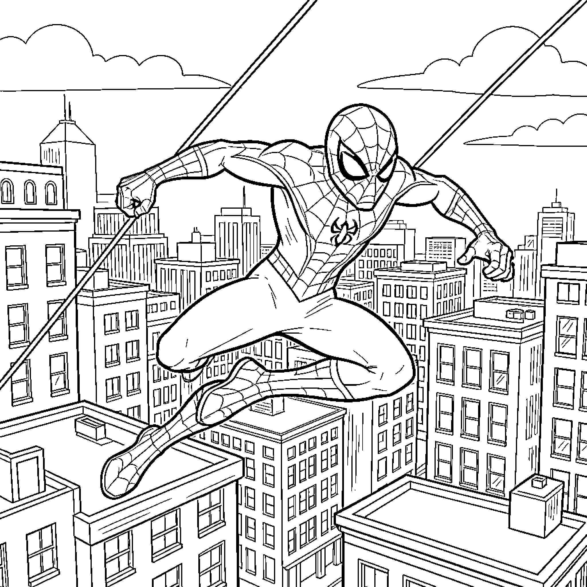 Spidercat swinging through a busy city skyline Coloring Page (free black-and-white line drawing printable PDF for all, from beginners to advanced learners, including children, teens, adults, and seniors)