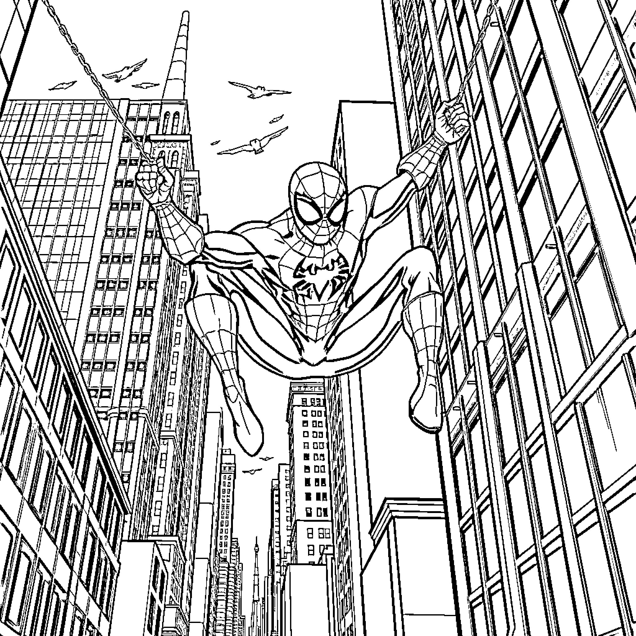 Spider-Man Swinging Through the City Skyscrapers Coloring Page (free black-and-white line drawing printable PDF for all, from beginners to advanced learners, including children, teens, adults, and seniors)