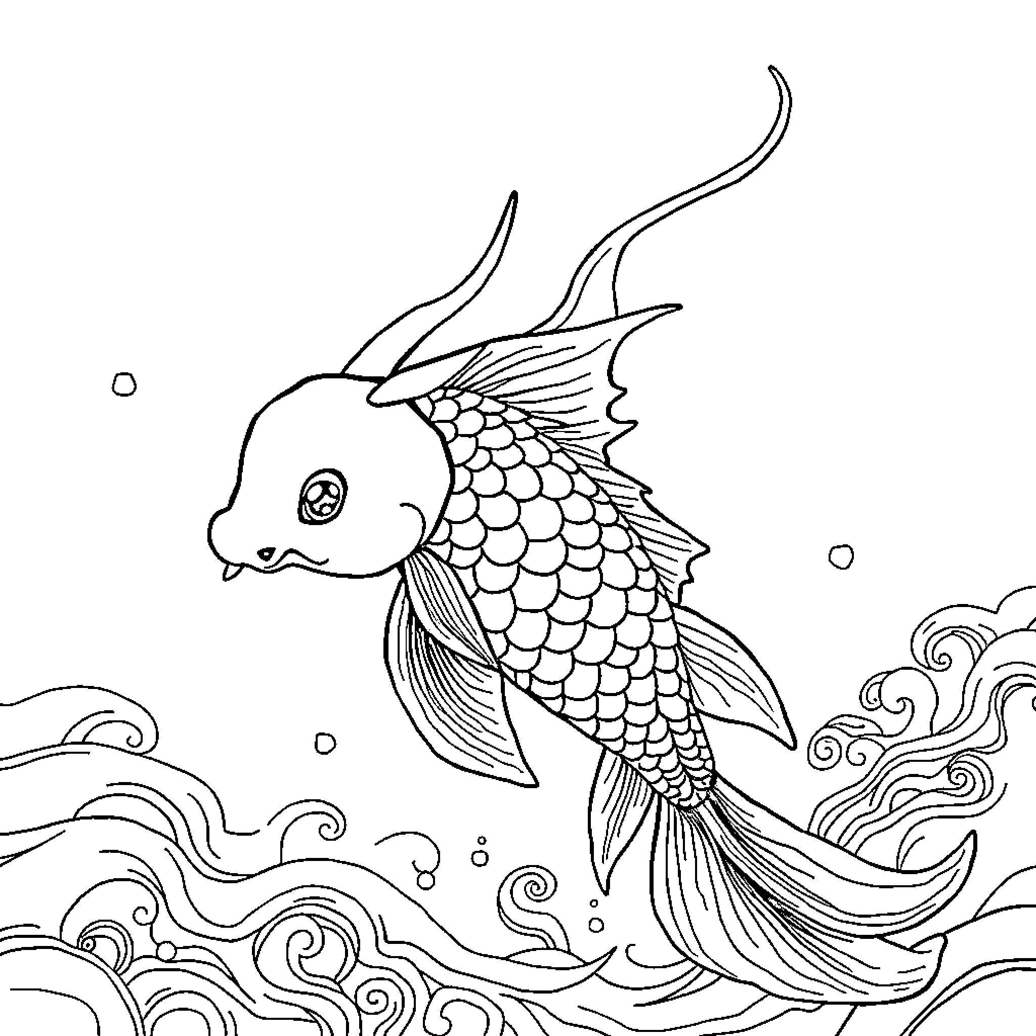 Koi swimming gracefully in the waves Coloring Page (free black-and-white line drawing printable PDF for all, from beginners to advanced learners, including children, teens, adults, and seniors)