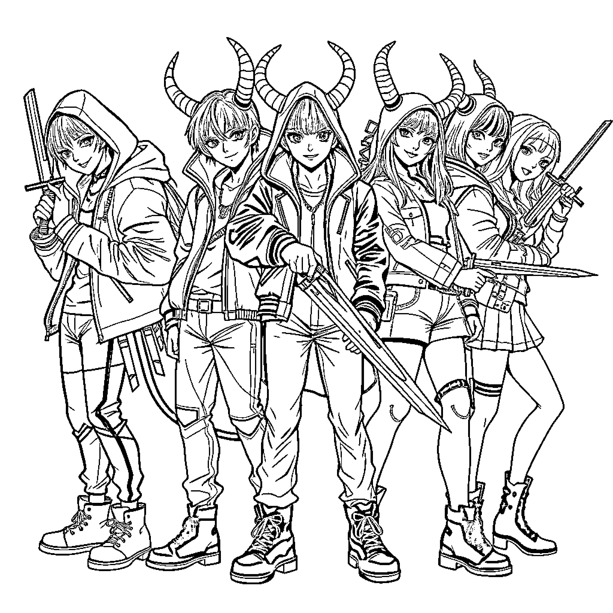 Demon Hunter Squad Gears Up for Action Coloring Page (free black-and-white line drawing printable PDF for all, from beginners to advanced learners, including children, teens, adults, and seniors)