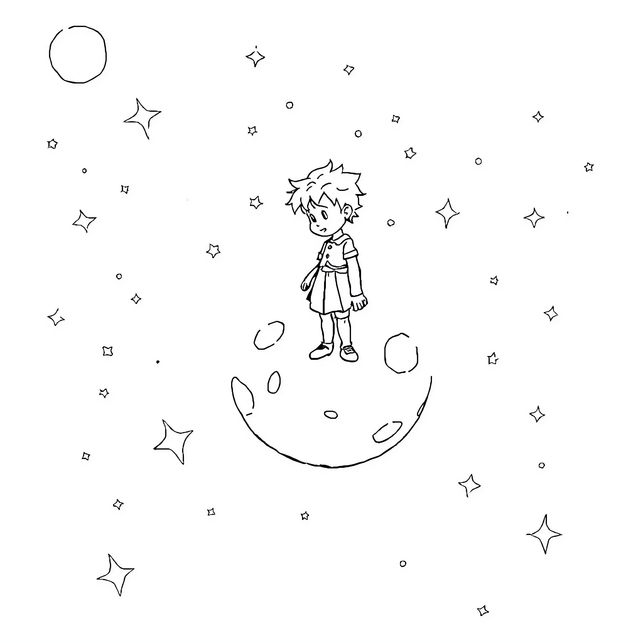 Little Prince gazing at the night sky Coloring Page (free black-and-white line drawing printable PDF for all, from beginners to advanced learners, including children, teens, adults, and seniors)